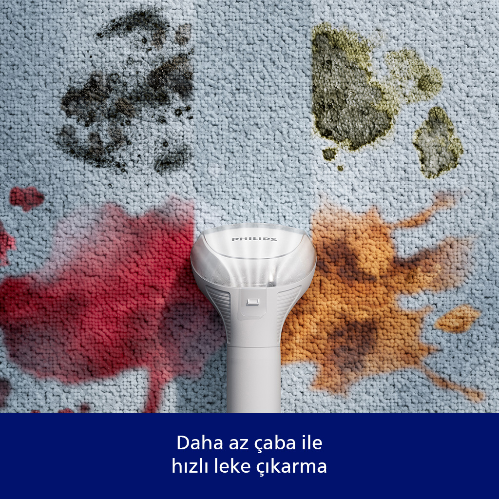 Kırmızı, turuncu, siyah ve ye şil lekeli bir halıda Philips leke çıkarıcı.