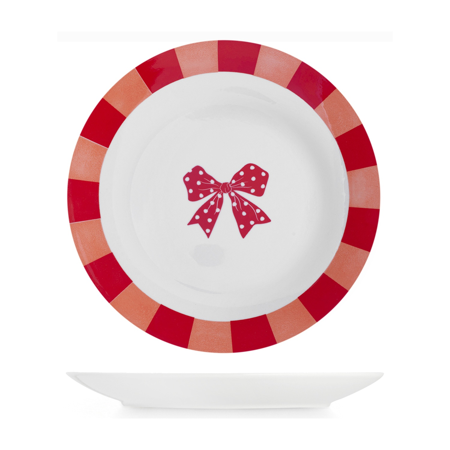 Piatto bianco con fiocco rosso e quadri rossi/arancioni sul bordo.
