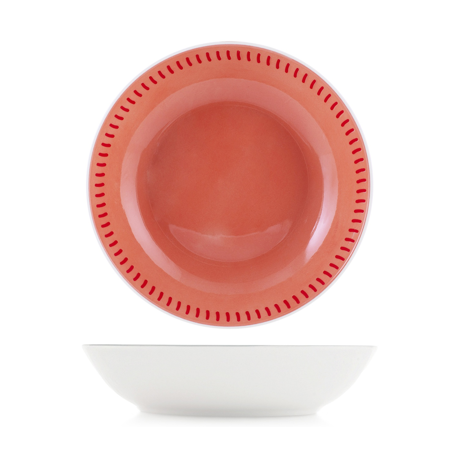 Una ciotola color corallo con trattini rossi e una ciotola bianca.