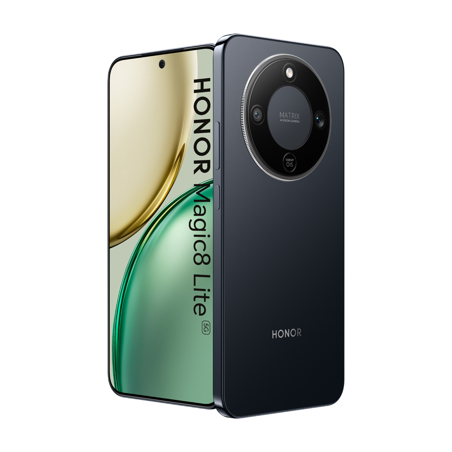 Uno smartphone Honor Magic8 Lite 5G nero con fotocamera Matrix AI Vision.