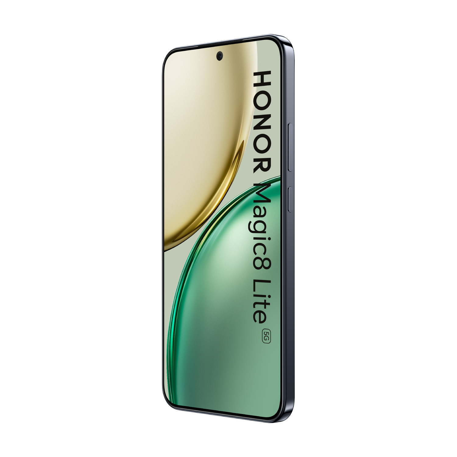 Uno smartphone HONOR Magic8 Lite 5G con sfondo dorato e verde.