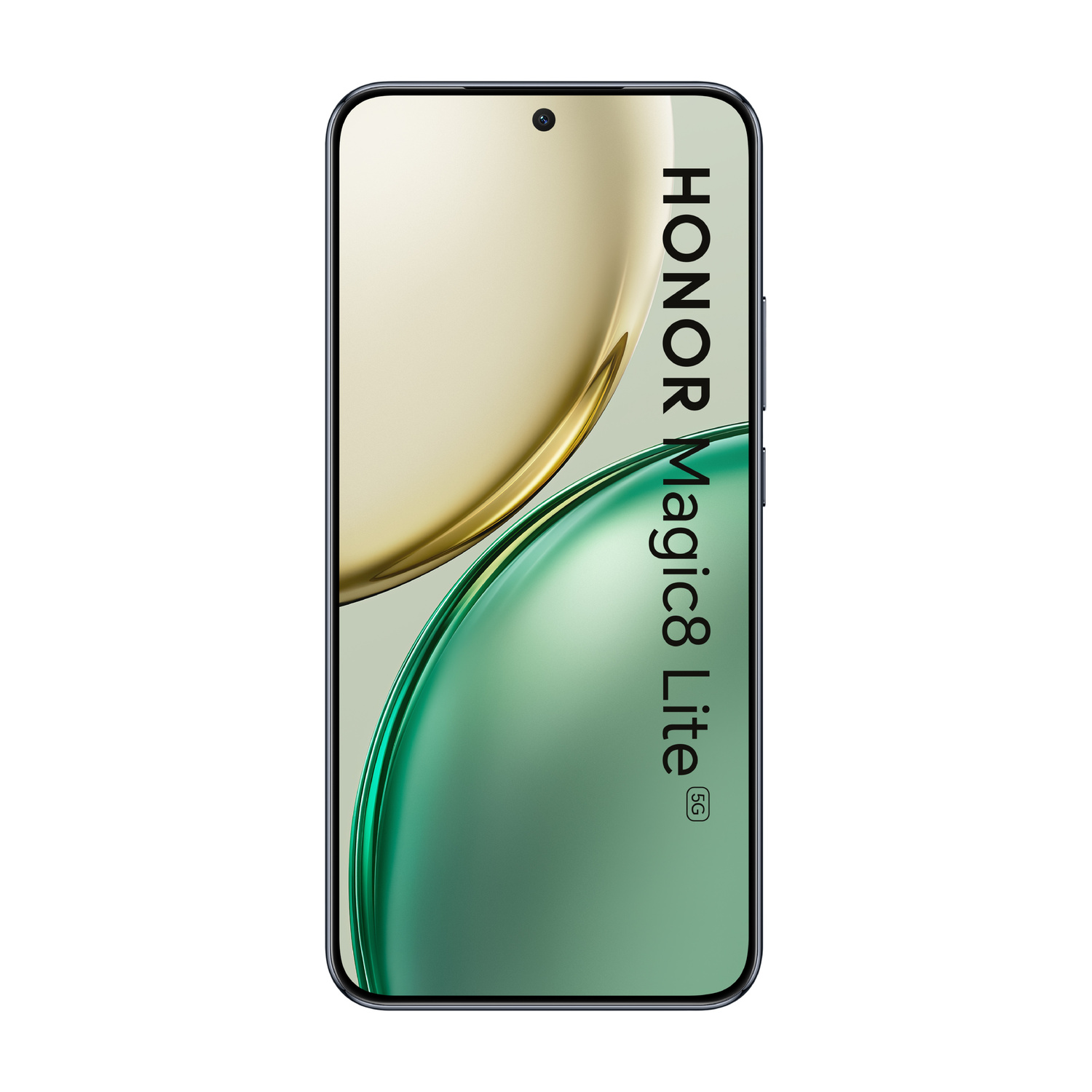 Uno smartphone Honor Magic8 Lite 5G con onde dorate e verdi sullo schermo.