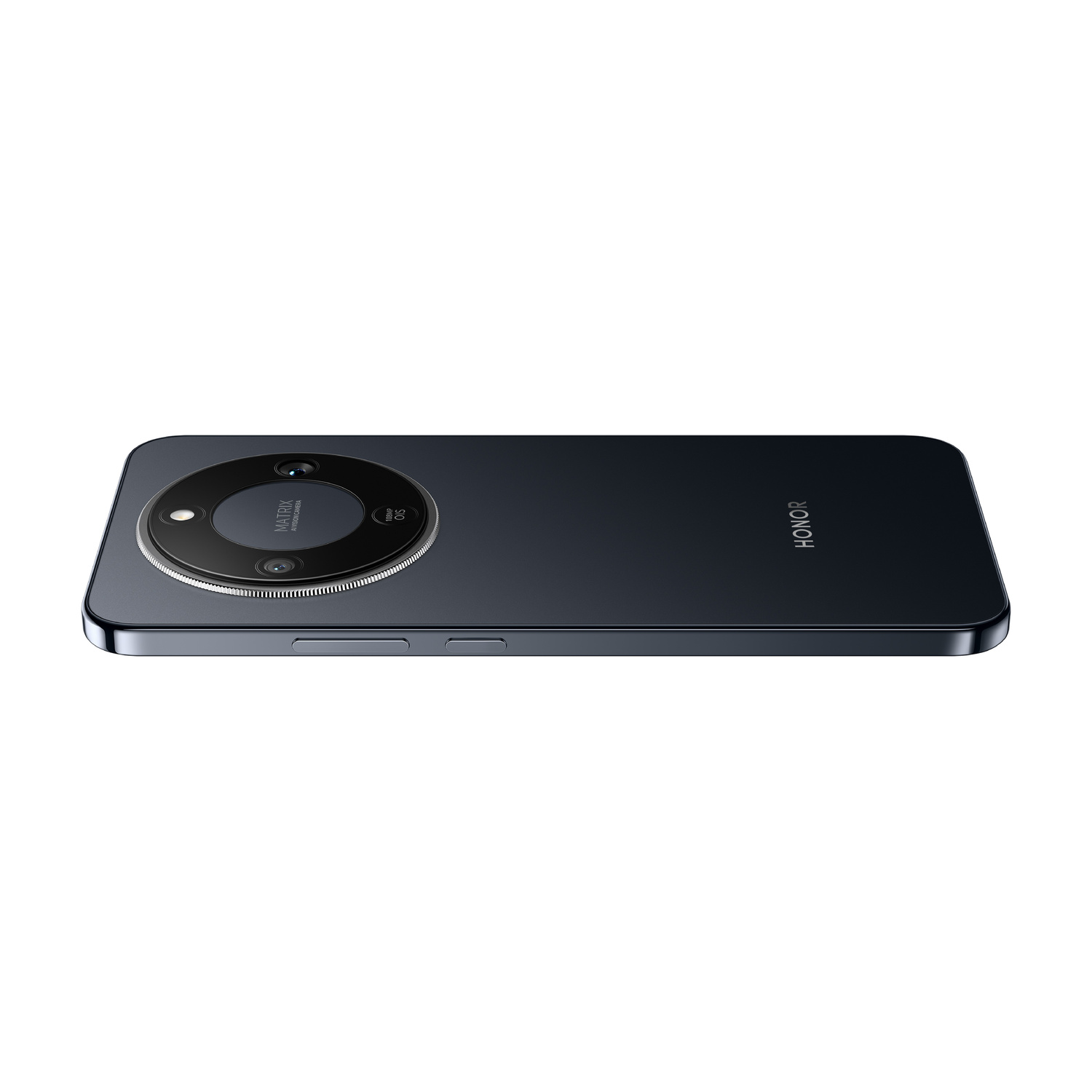 Smartphone Honor scuro con array di fotocamere rotondo su sfondo bianco.