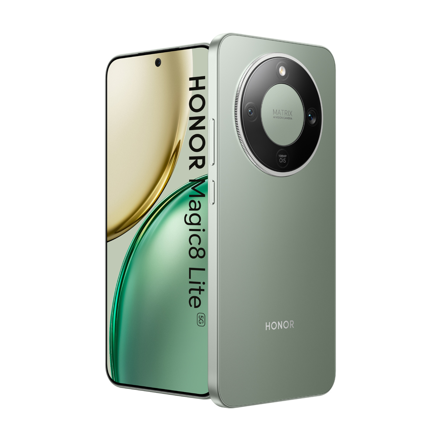 Un telefono verde Honor Magic8 Lite 5G, viste frontale e posteriore, con fotocamera circolare. Sfondo bianco.
