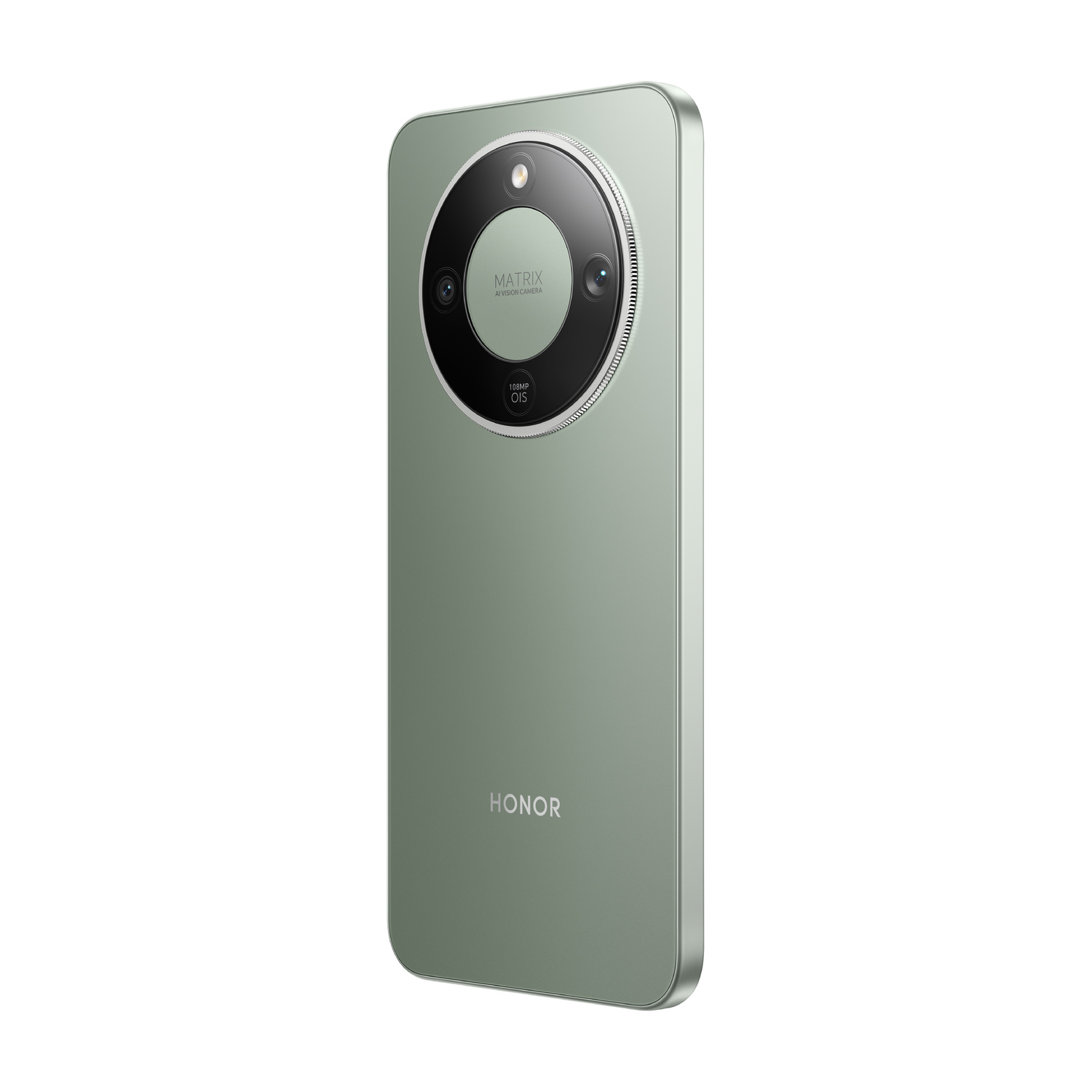 Uno smartphone verde con tripla fotocamera Matrix e logo HONOR.