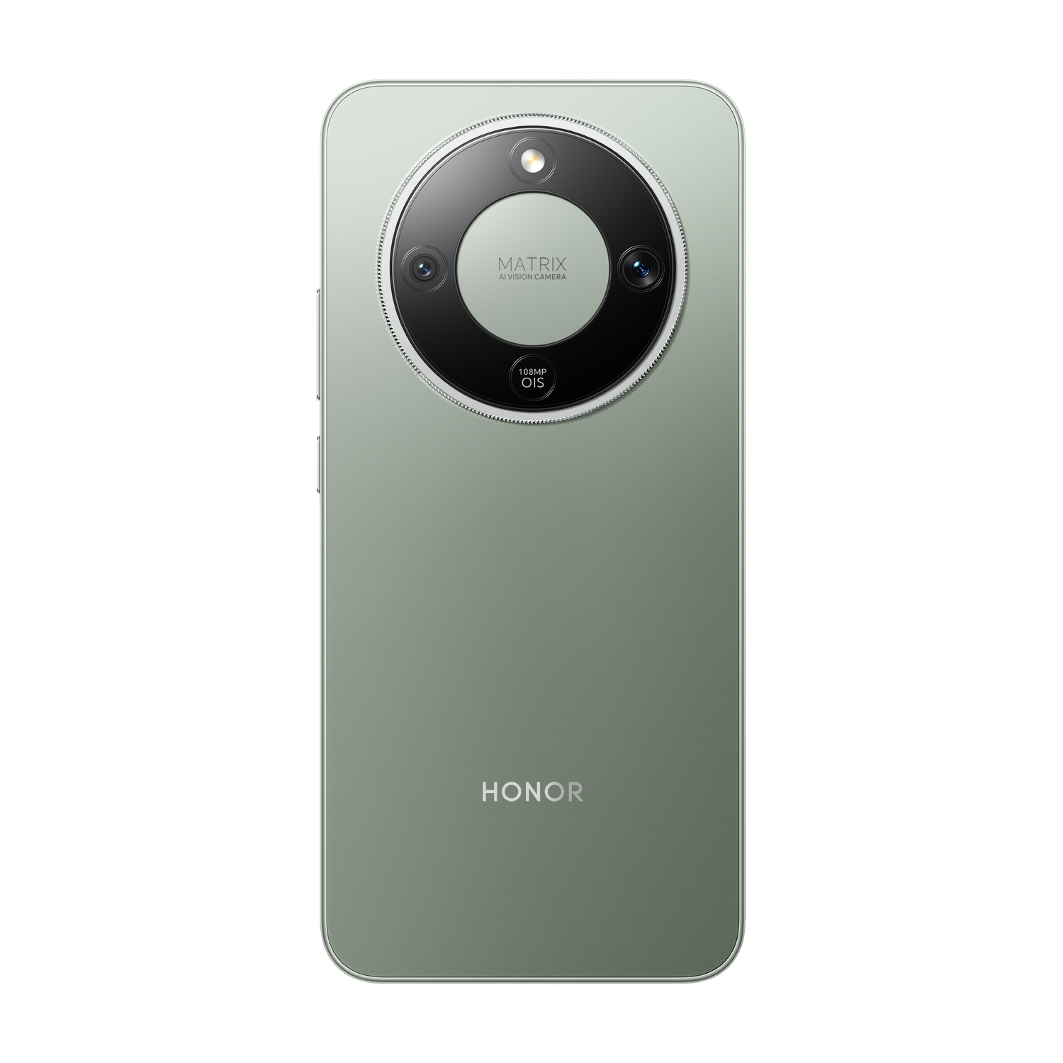 Retro di uno smartphone verde con sistema di fotocamere Matrix e logo HONOR.