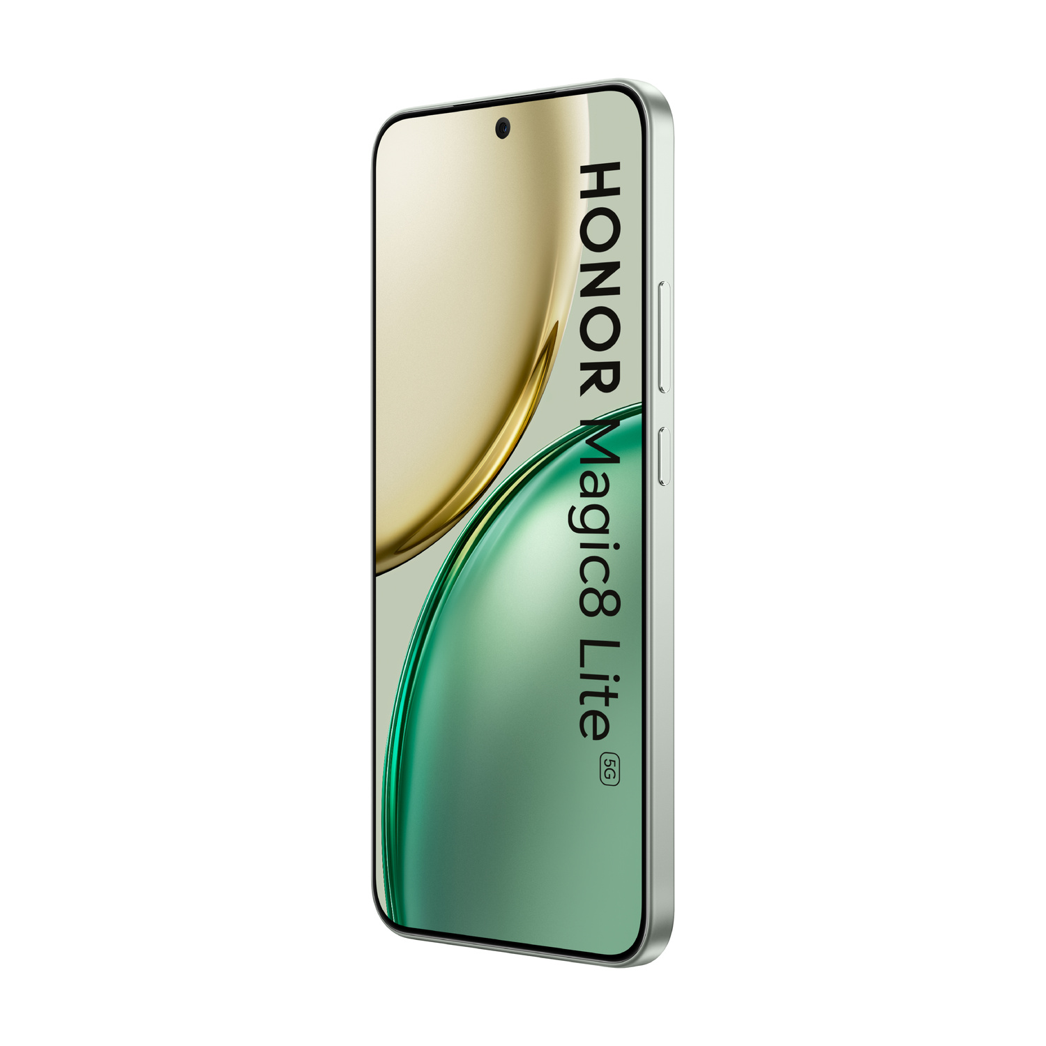 Uno smartphone HONOR Magic8 Lite 5G con cornice argentata e schermo sfumato.