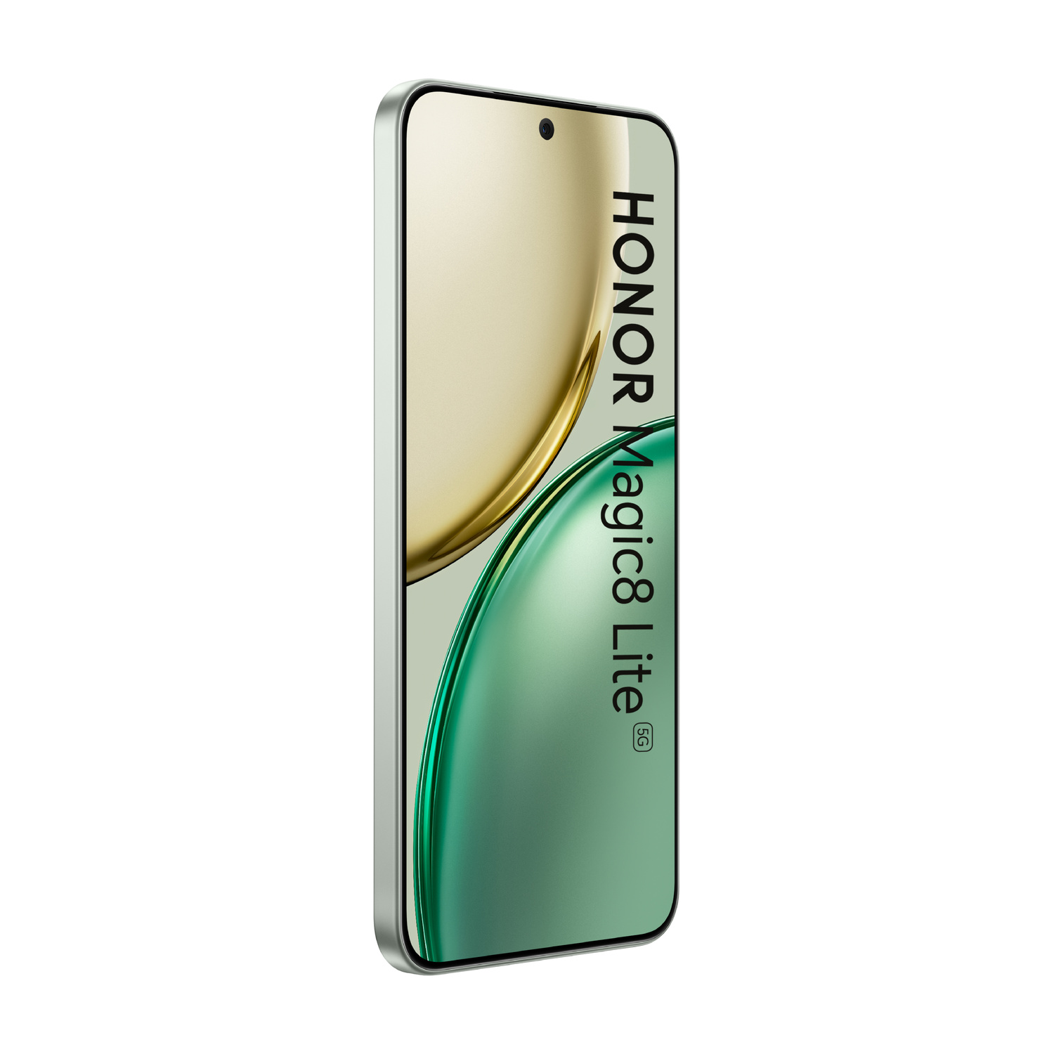 Uno smartphone HONOR Magic8 Lite 5G con cornice argentata e display sfumato.