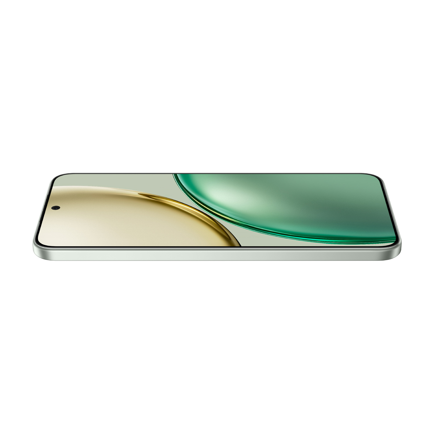 Un elegante smartphone con cornice argentata e display bicolore (oro e verde).