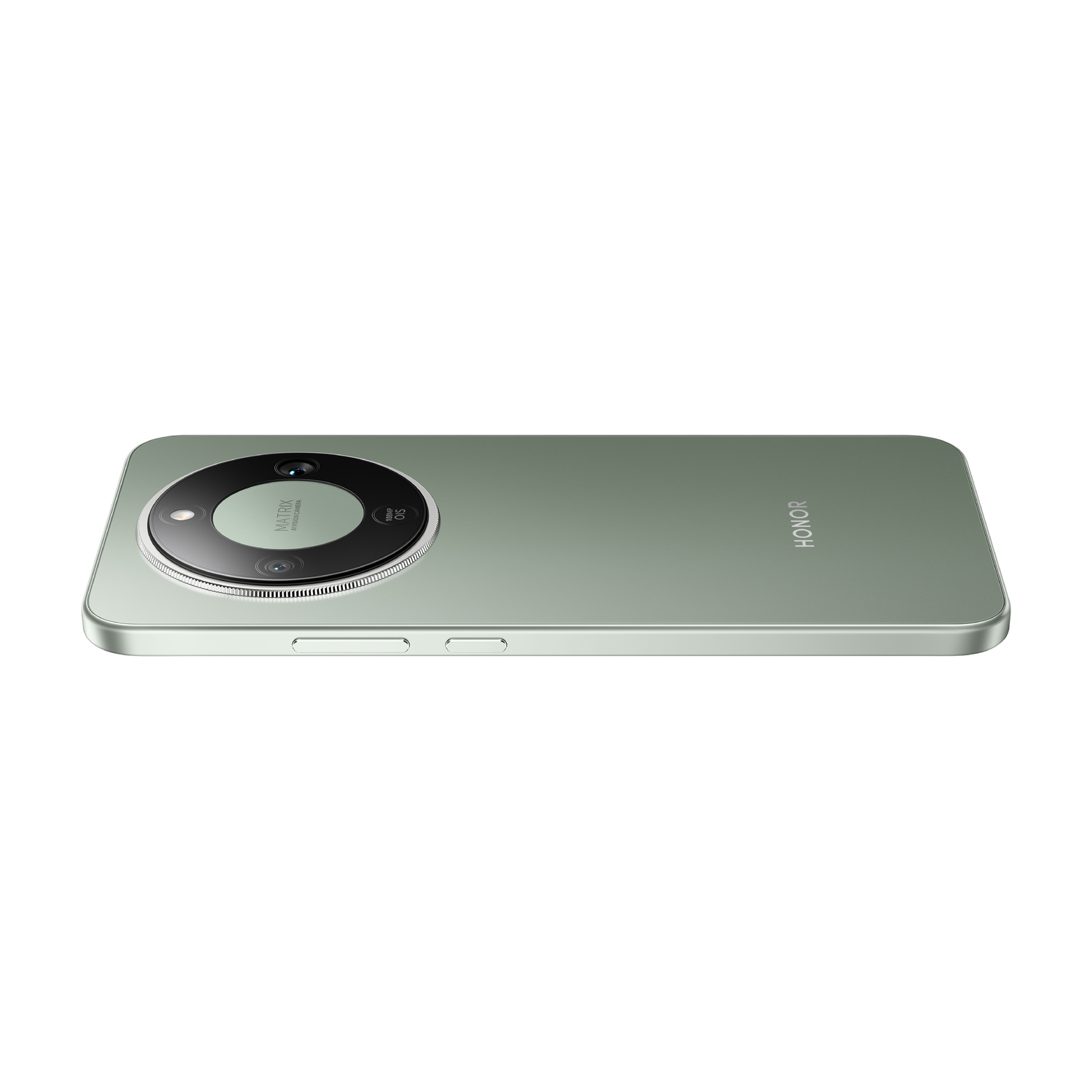 Uno smartphone Honor verde chiaro con modulo fotocamera rotondo sul retro.