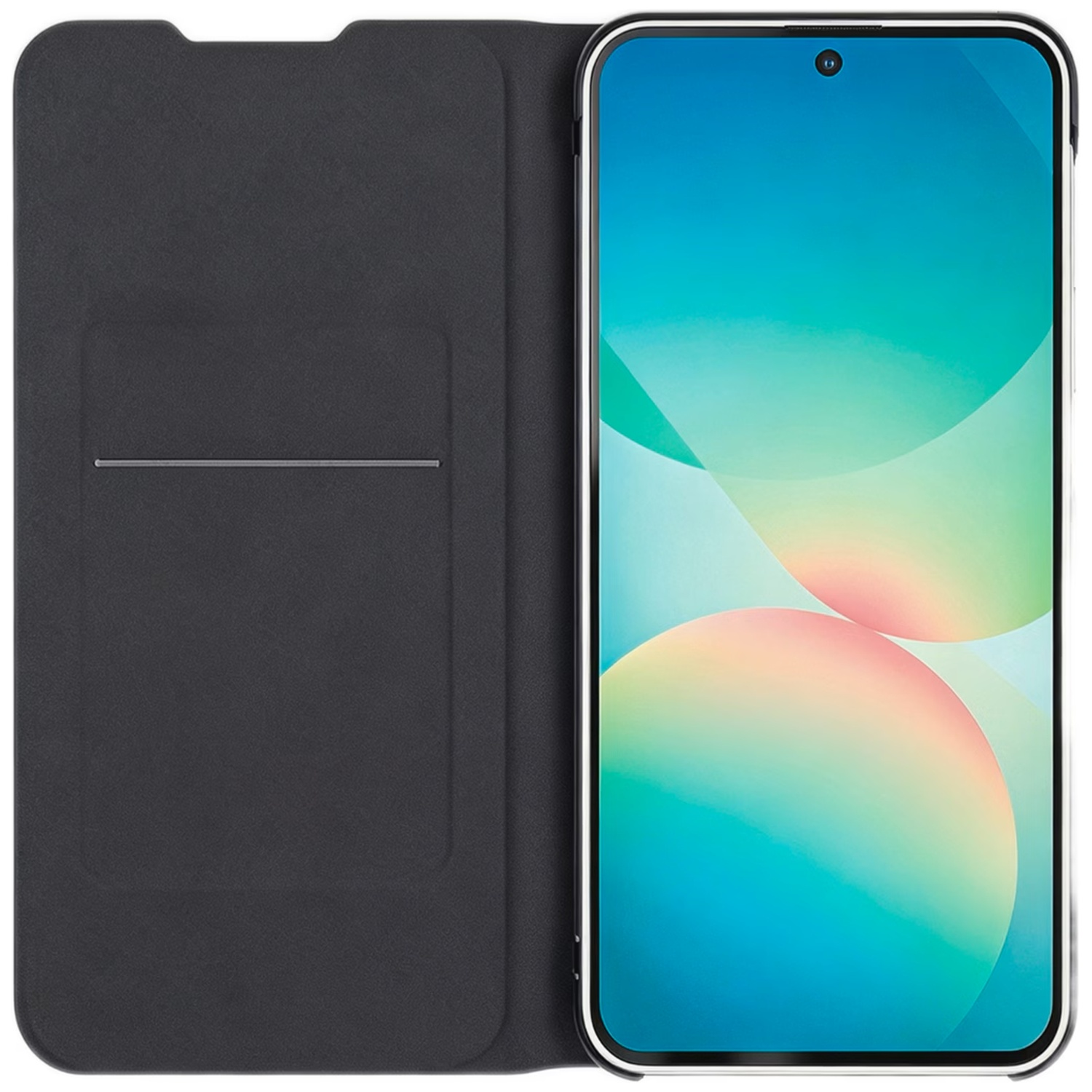 Een zwarte telefoonhoes is open, met een smartphone met kleurrijke abstracte achtergrond.
