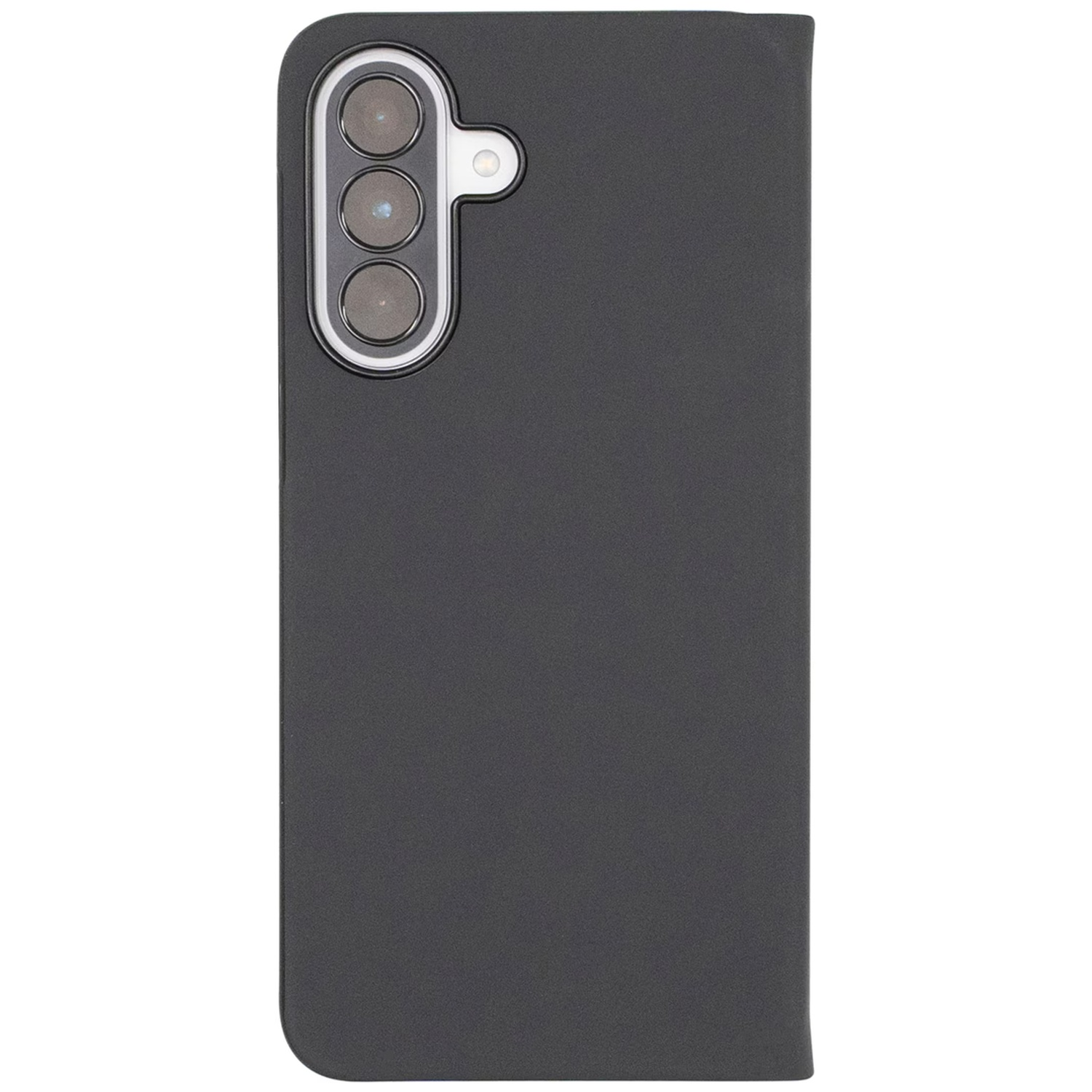 Donkergrijs telefoonhoesje met drie cameralenssen en flitser.