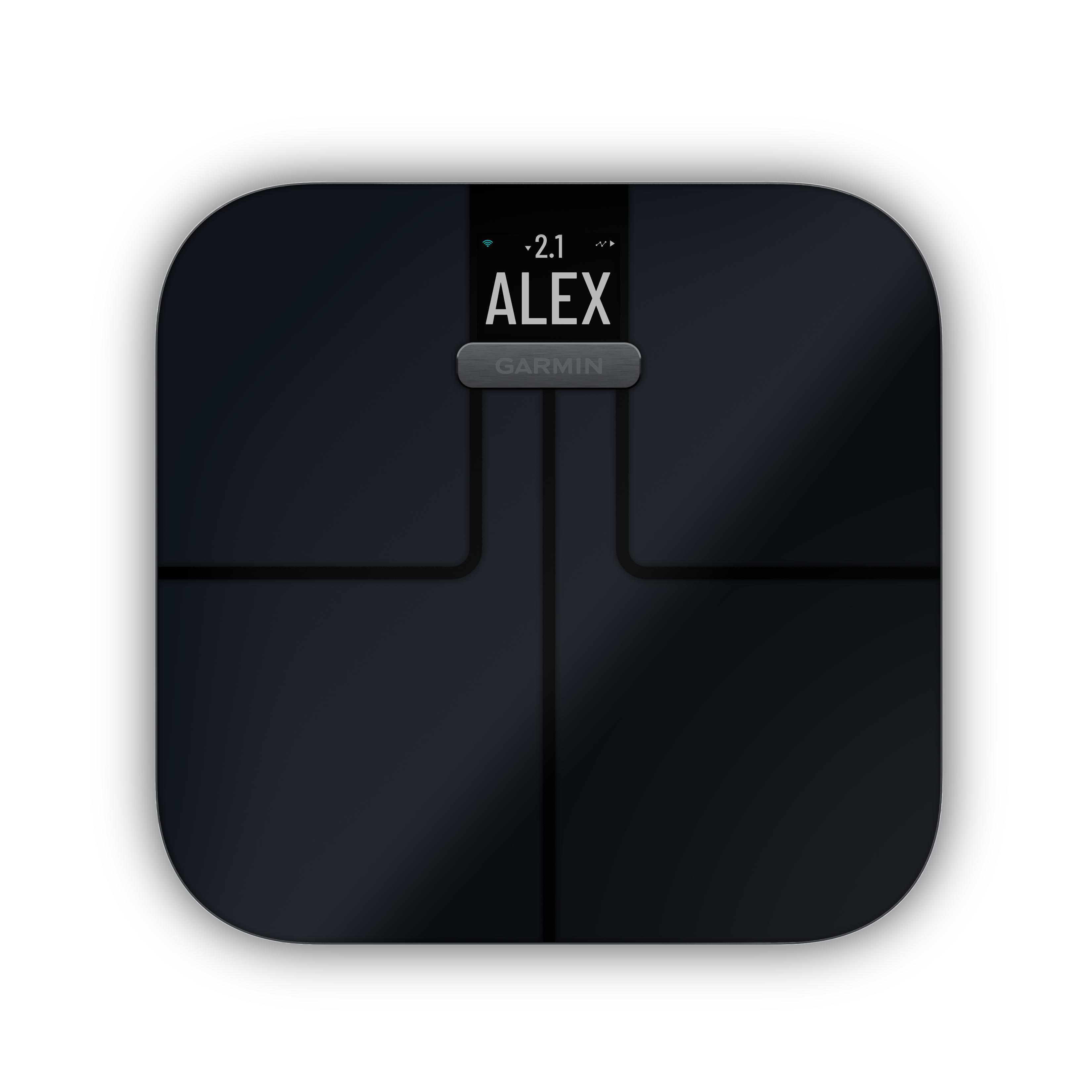 Eine dunkle digitale Personenwaage mit dem Namen ALEX und dem Garmin-Logo.