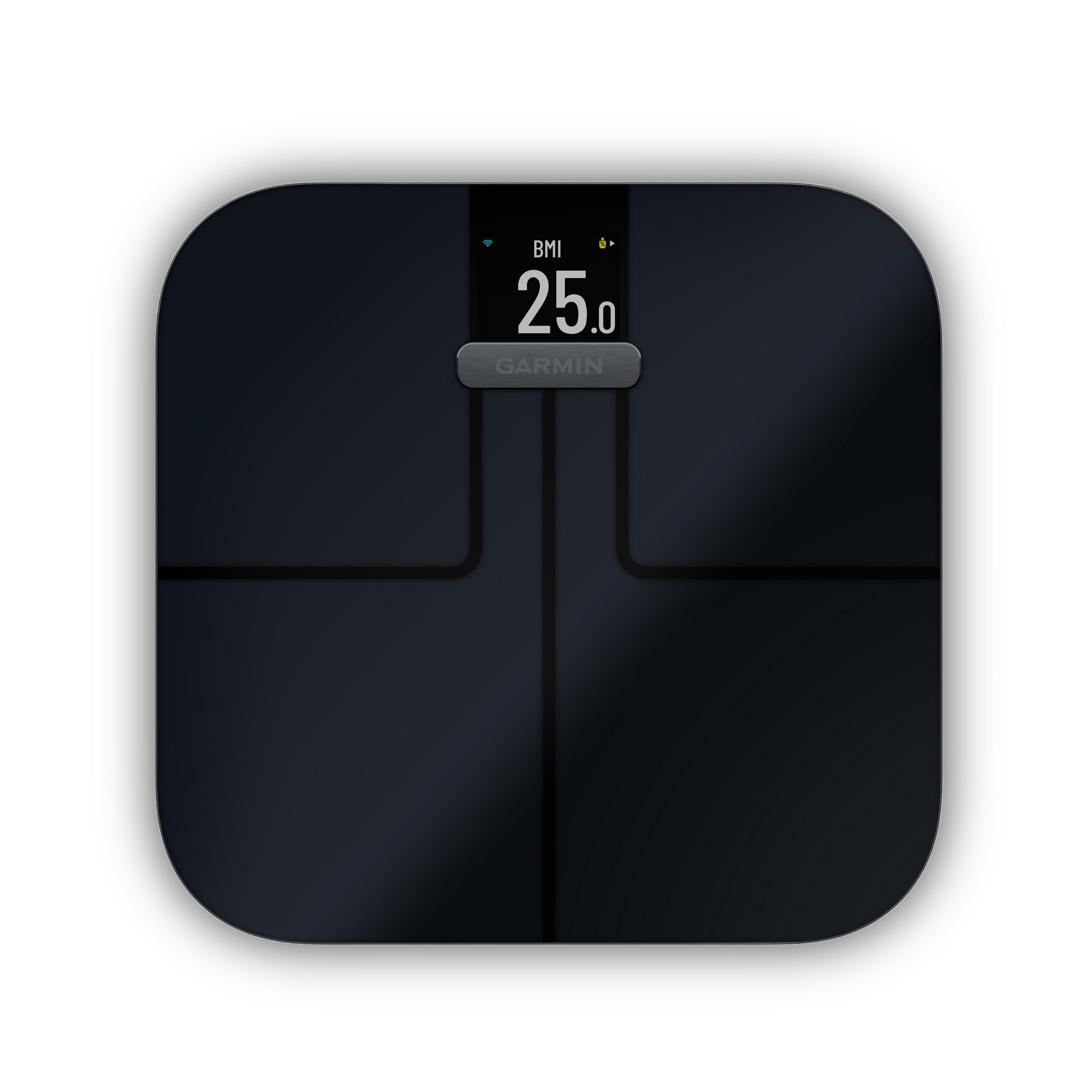 Schwarze Personenwaage mit Garmin-Logo und BMI-Anzeige 25.0.