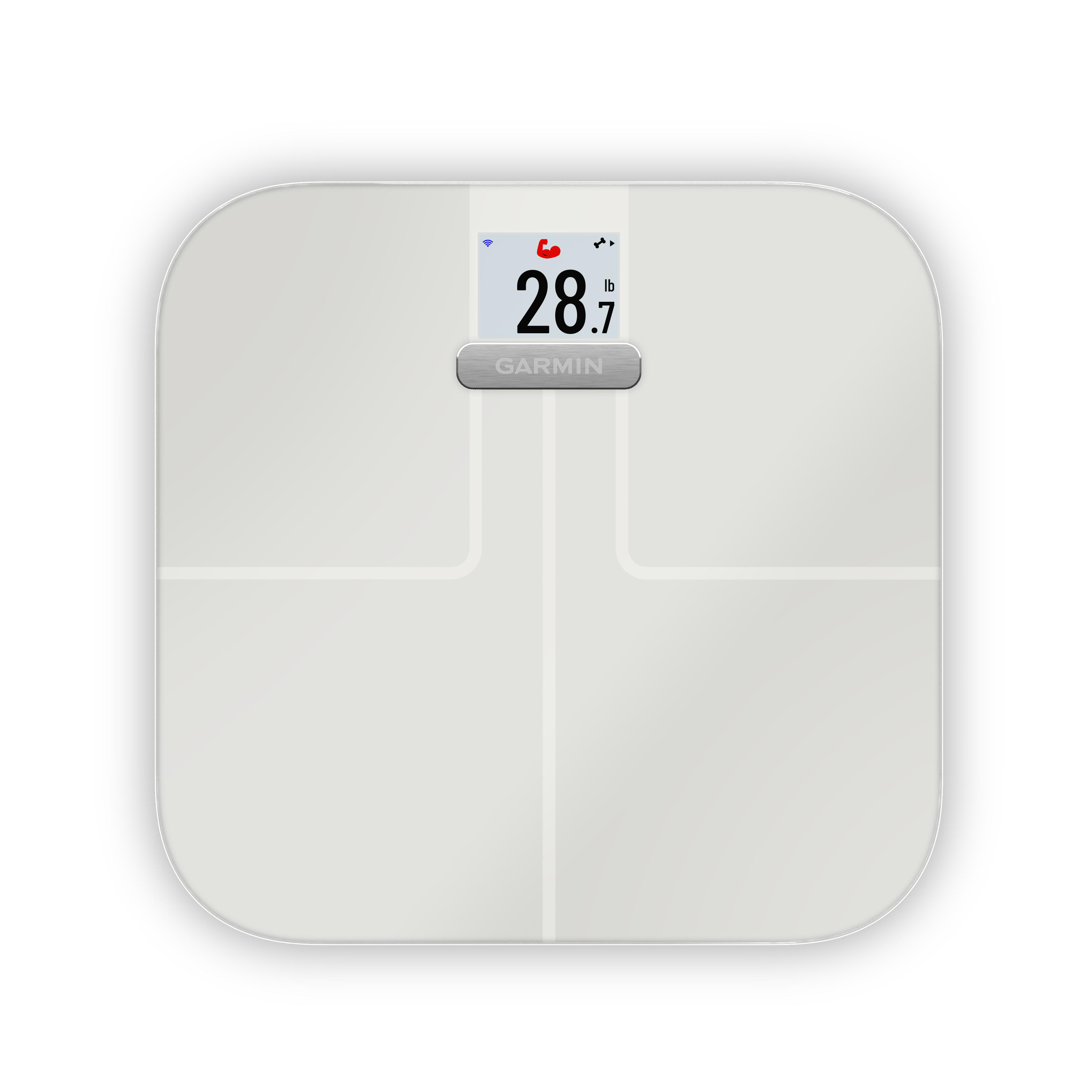 Weiße digitale Personenwaage mit Garmin-Logo und Anzeige 28,7 lb.