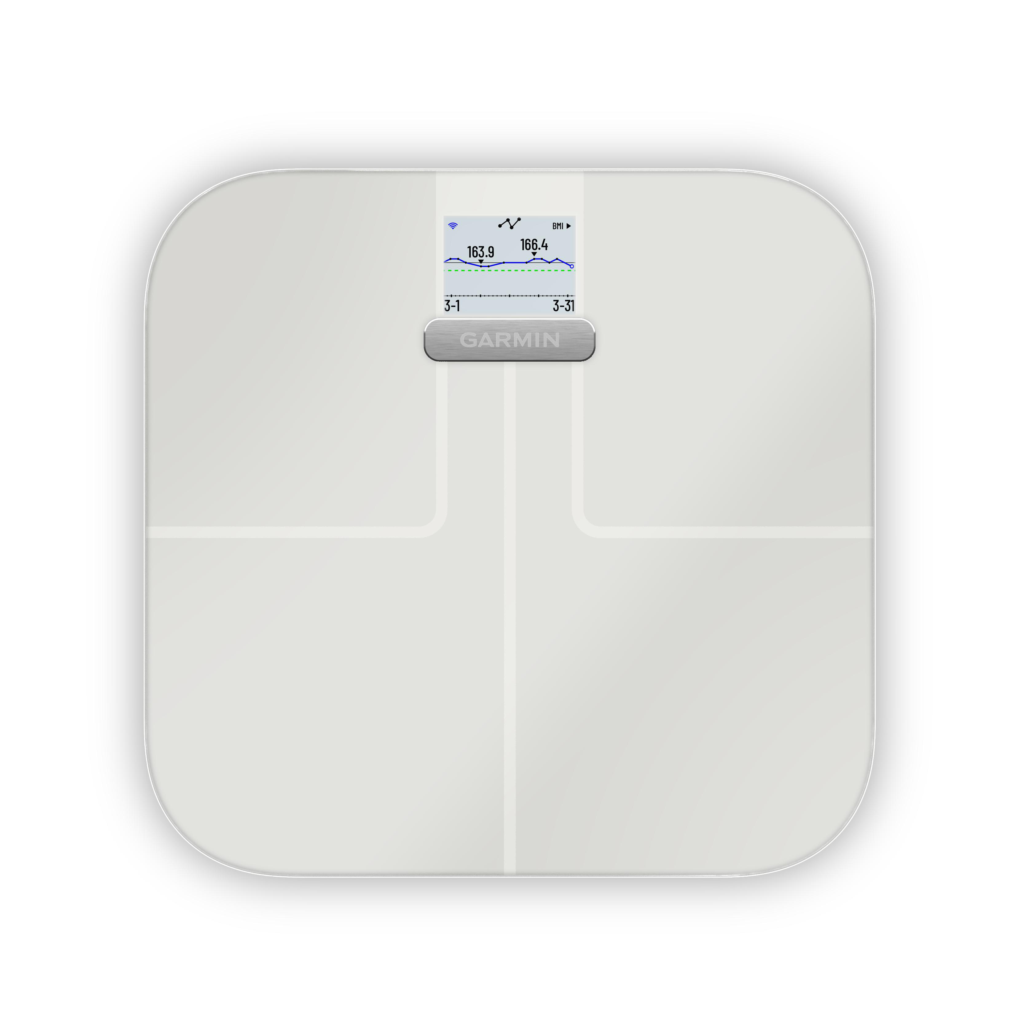 Eine weiße Garmin Smartwaage mit Digitalanzeige für Gewicht und BMI.