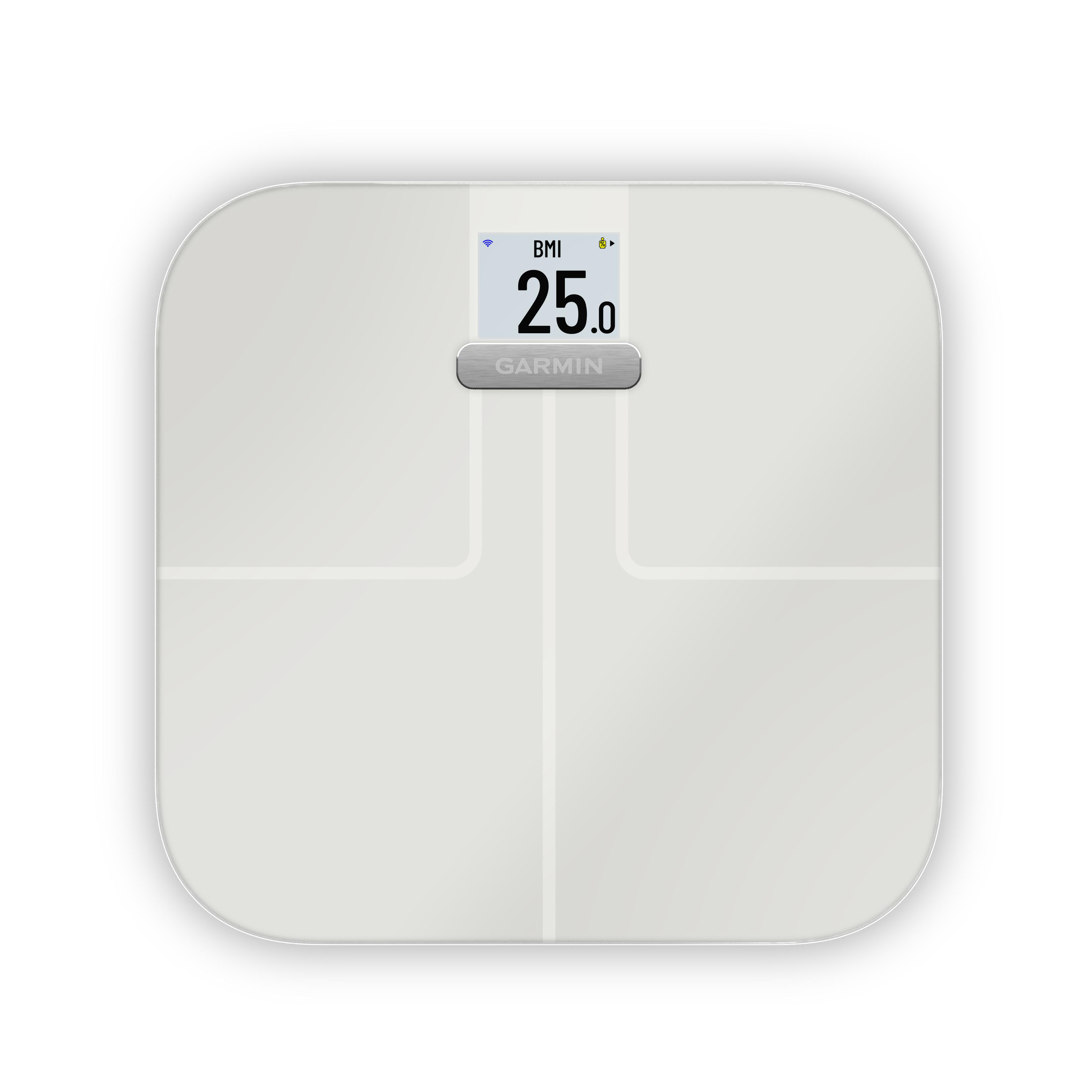 Eine weiße digitale Personenwaage zeigt BMI 25,0 an.
