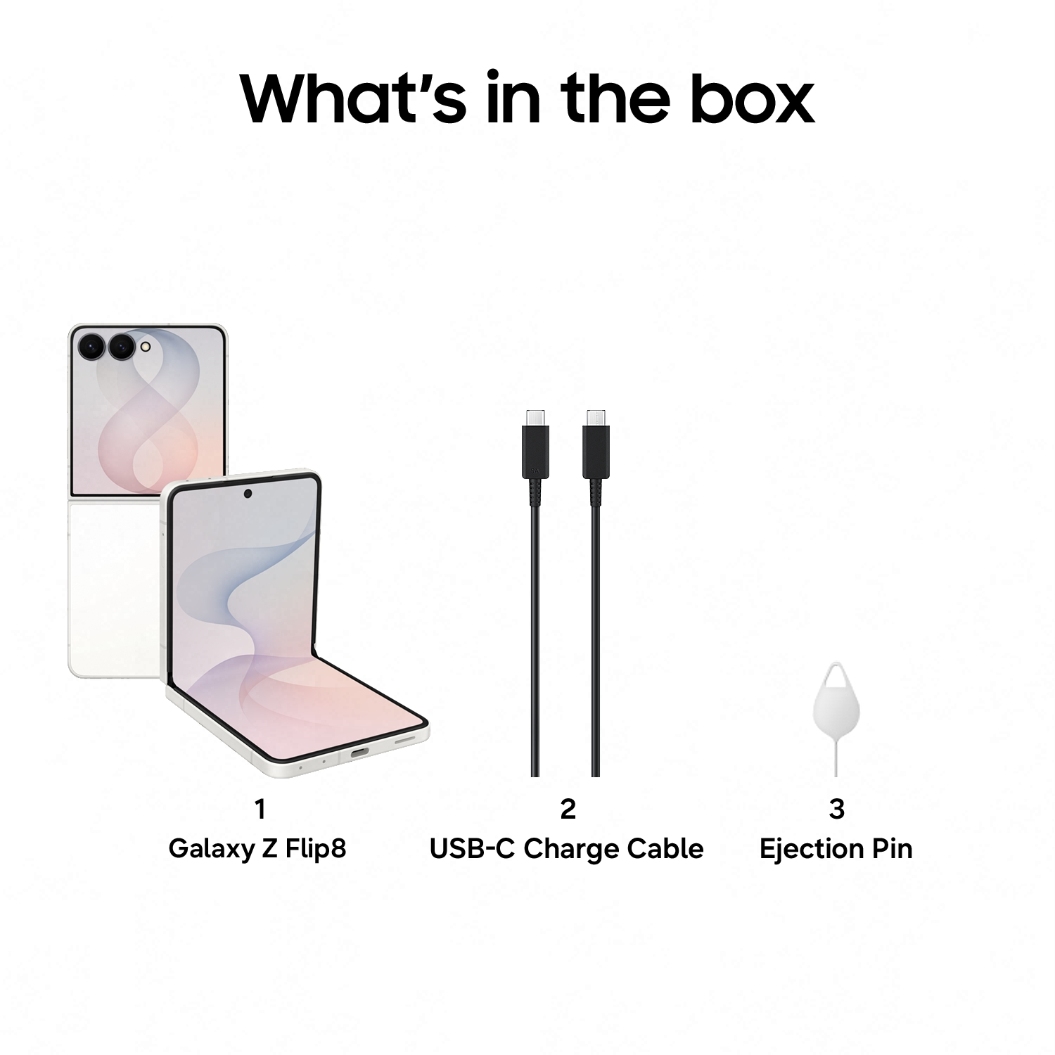 Inhalt der Box: Galaxy Z Flip8 Handy, USB-C Kabel und Ejektionsstift.