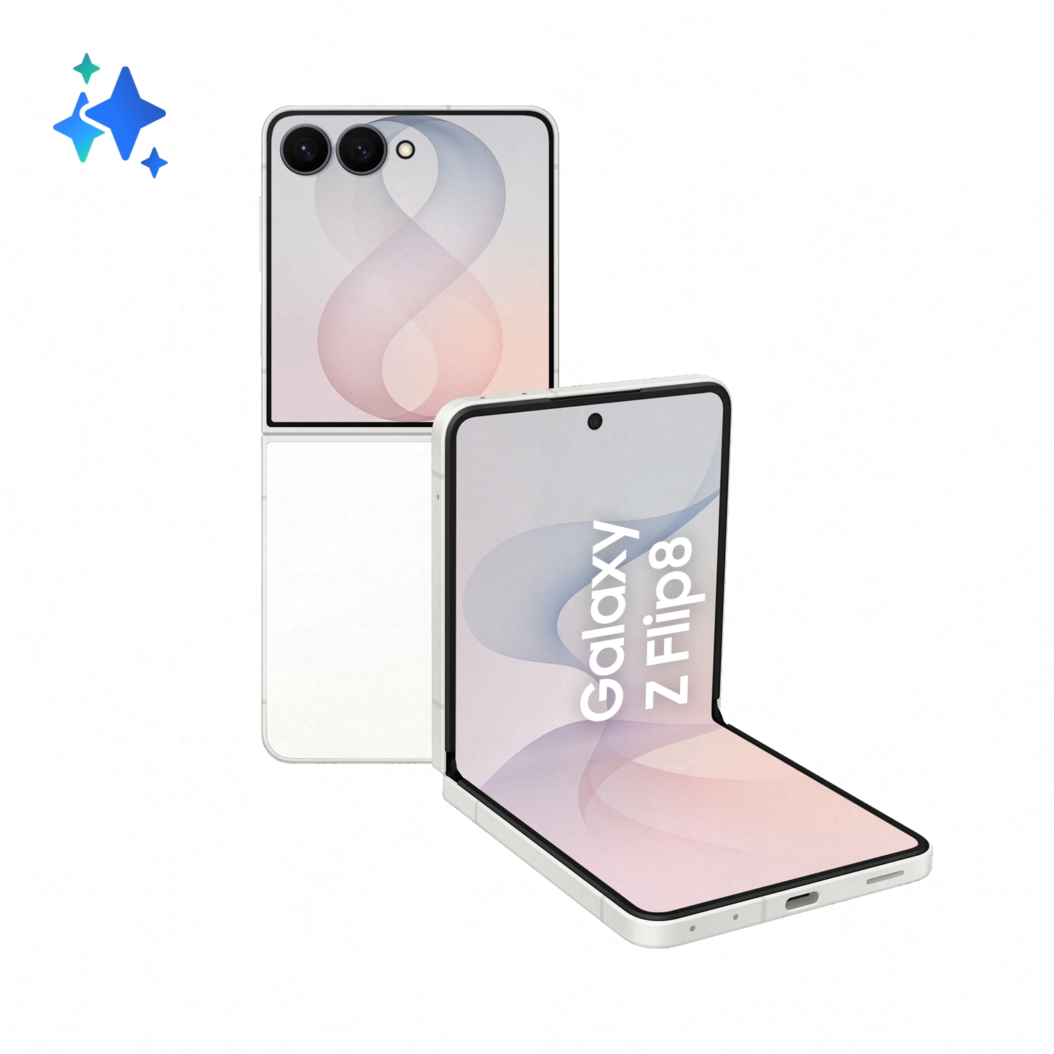 Zwei weiße Samsung Galaxy Z Flip 8 Handys, eines offen, eines geschlossen, mit blauen Sternen.