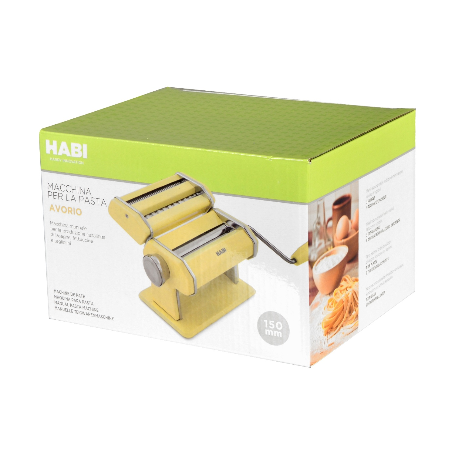 Macchina per pasta gialla Habi su scatola con immagini e testo del prodotto.