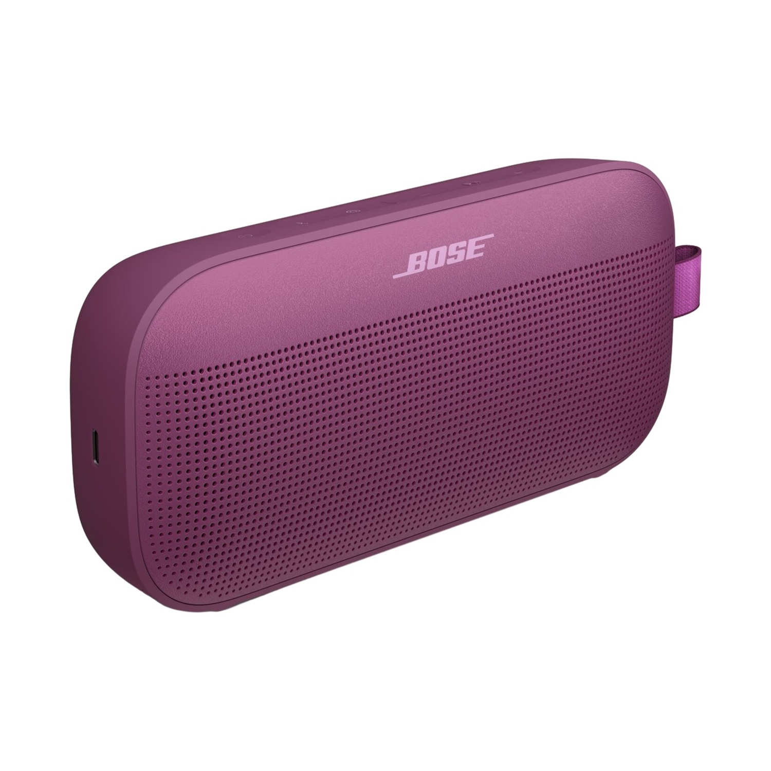 Altoparlante Bose viola con griglia forata e cinghia.