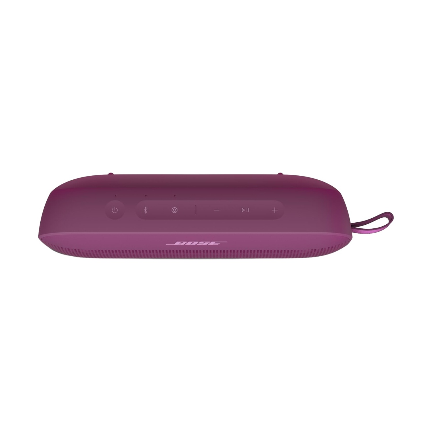 Altoparlante Bose viola con pulsanti di controllo e un laccio.