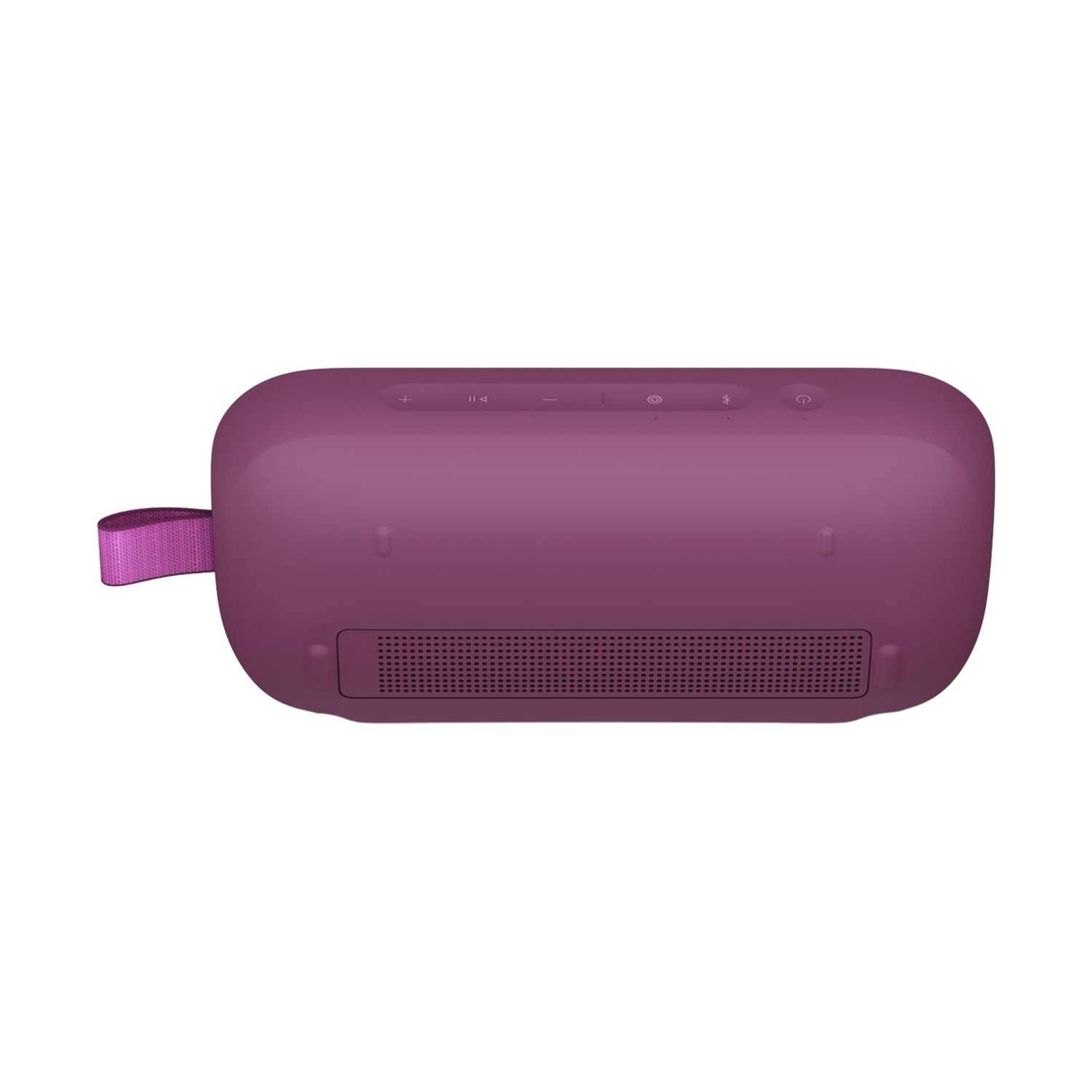 Altoparlante Bluetooth viola con manico e pulsanti di controllo sopra.