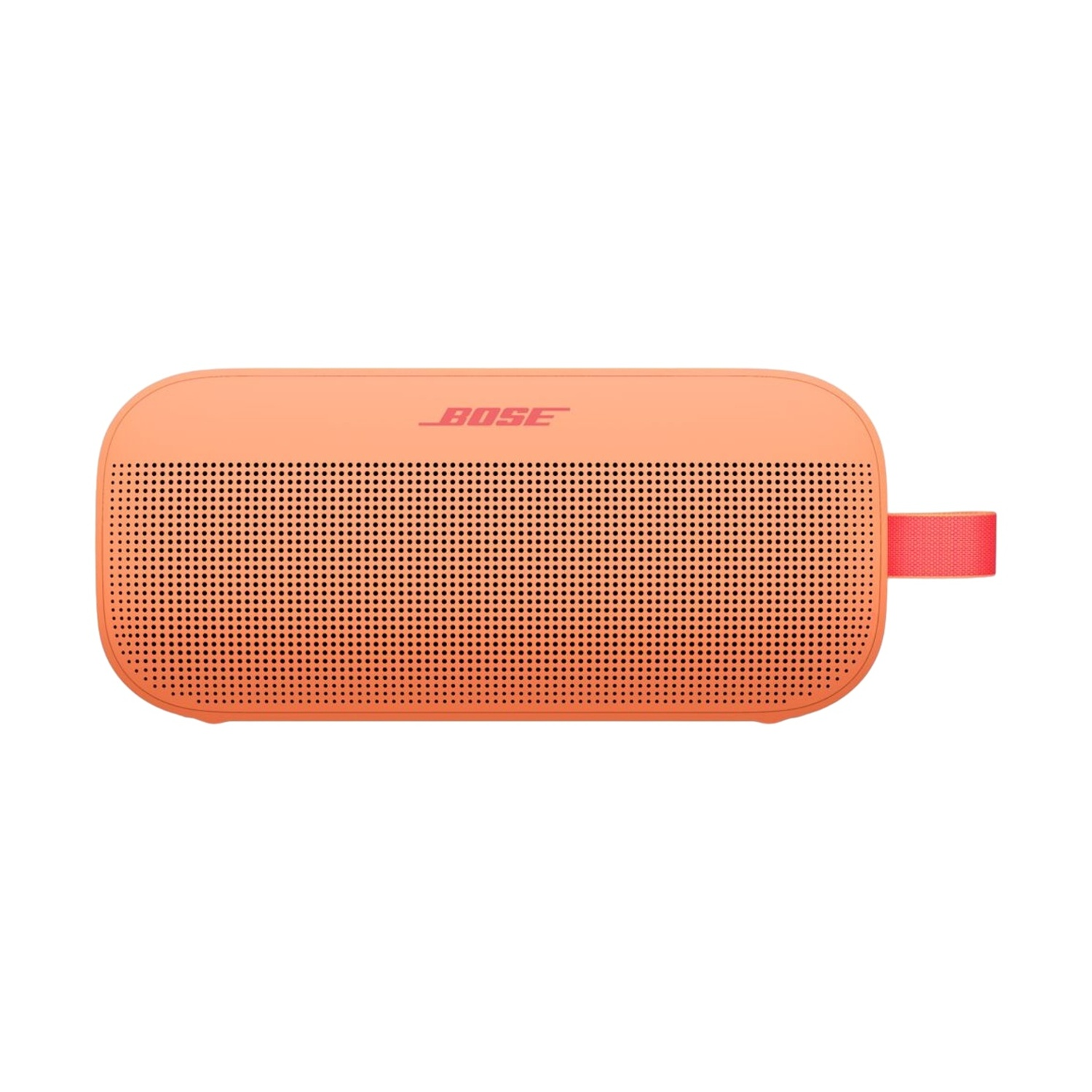 Altoparlante Bose arancione con griglia e cinturino rosso.