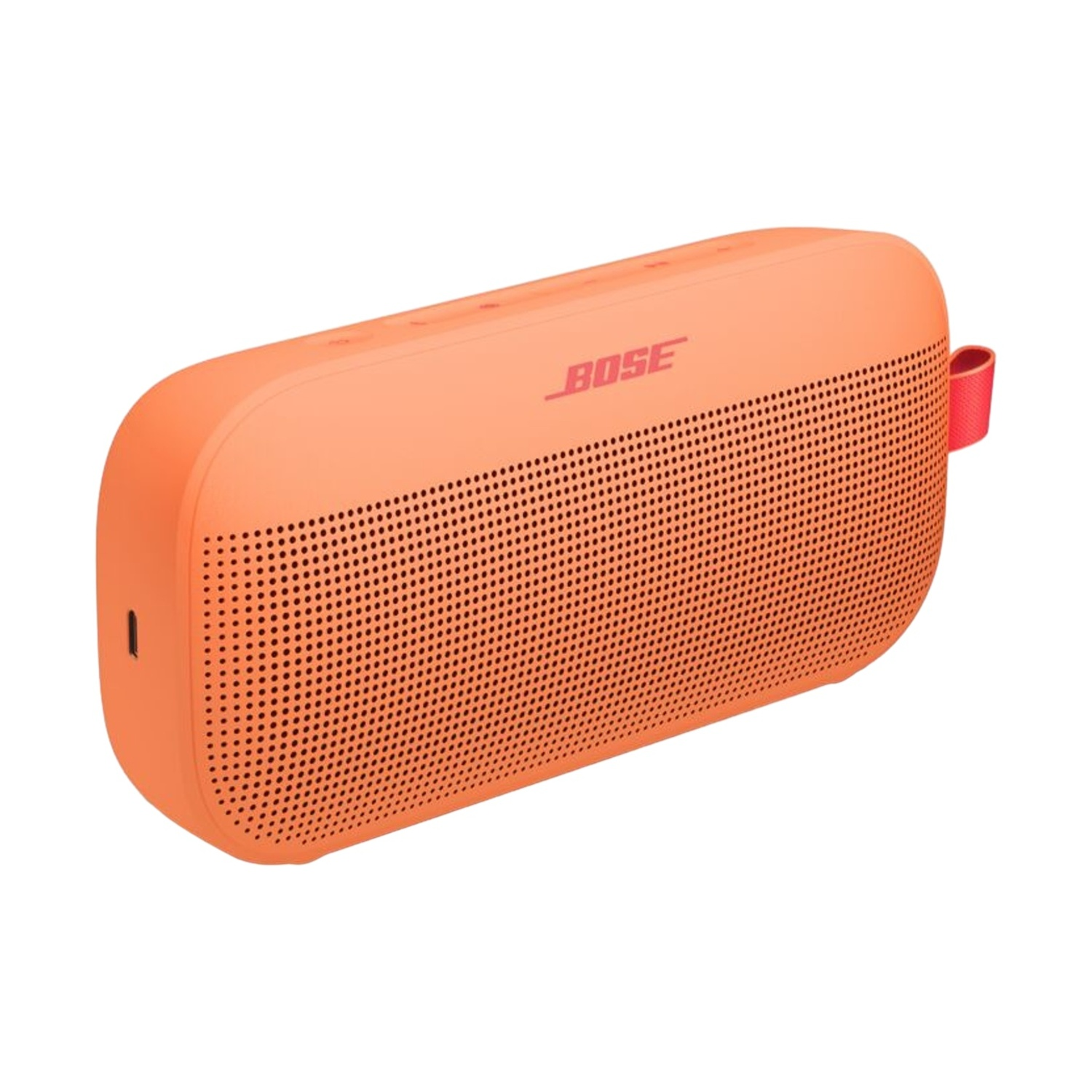 Un altoparlante Bose arancione con griglia e cinturino.