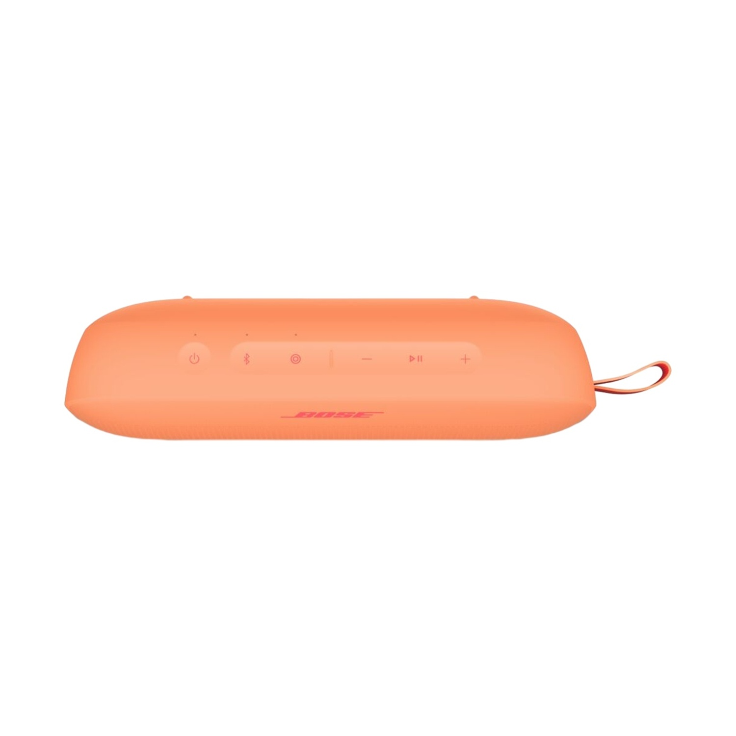 Un altoparlante Bose color corallo con pulsanti di controllo e cinturino.