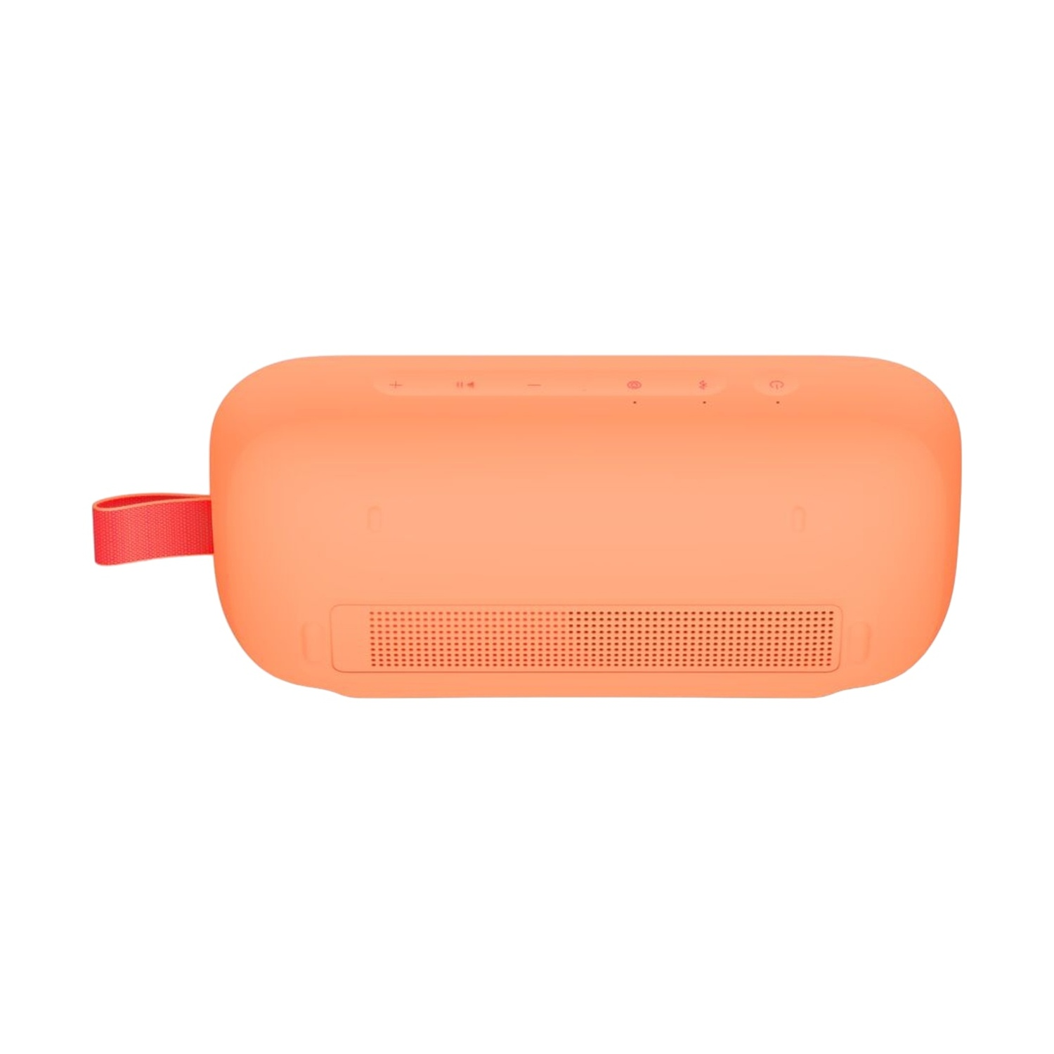 Un altoparlante Bluetooth arancione con cinturino rosso e pulsanti in cima.