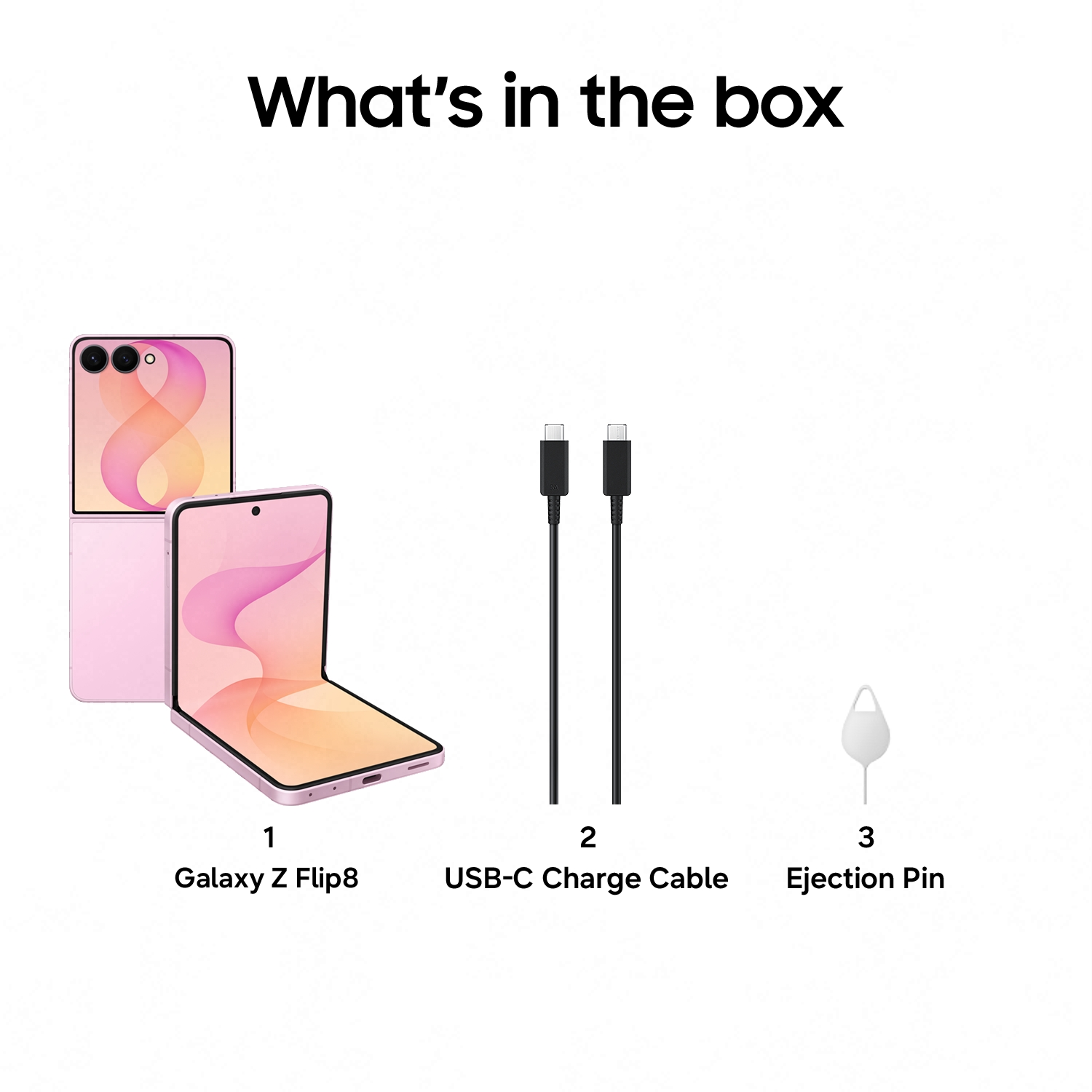Pinkes Galaxy Z Flip8 Handy, USB-C-Kabel und Ejektionsstift auf weißem Hintergrund.