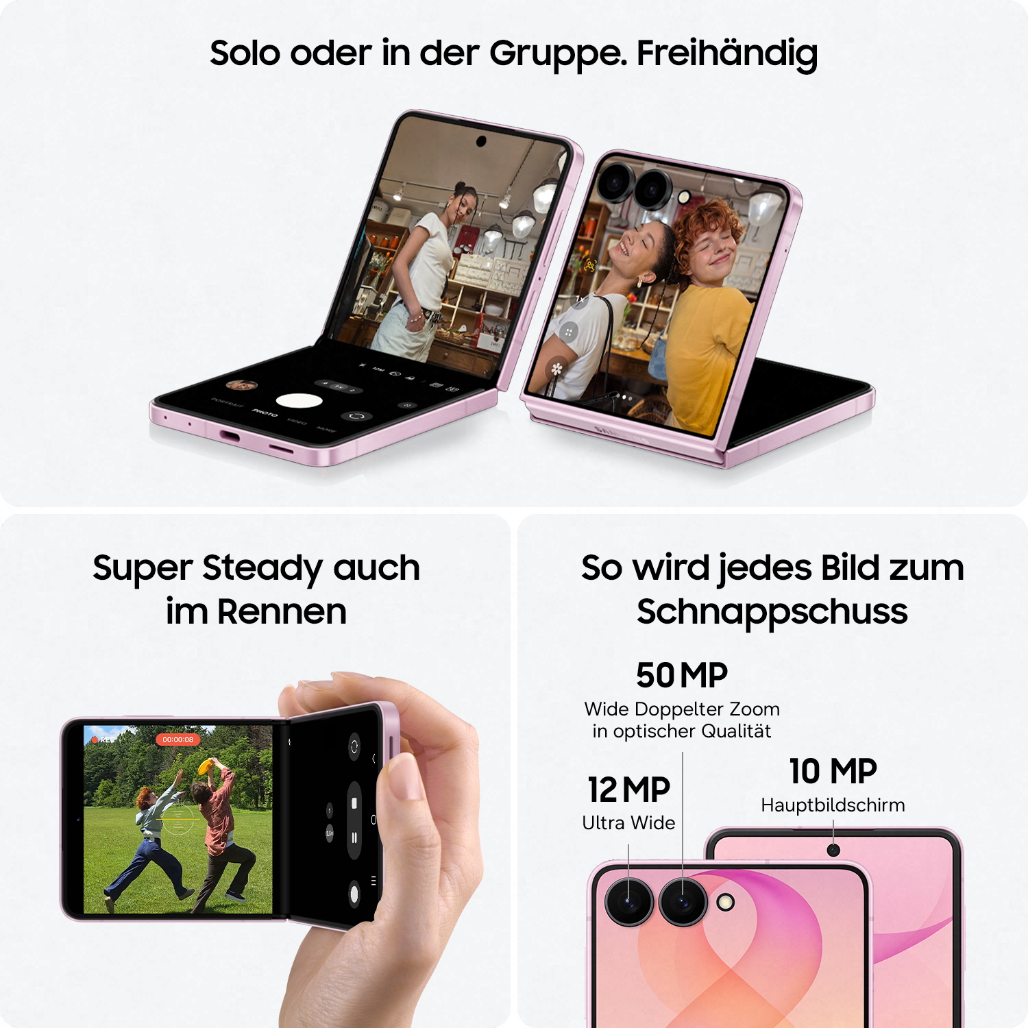 Ein pinkes Klapphandy wird gezeigt, das Fotos macht und Videos aufnimmt.