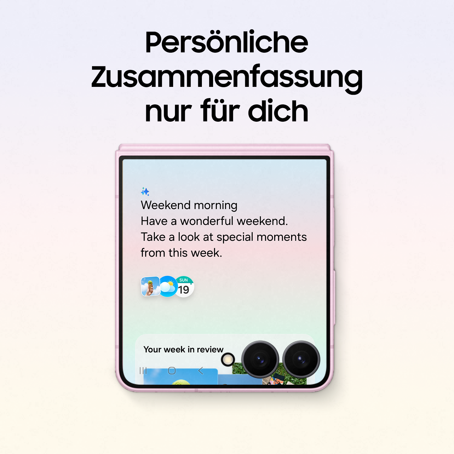 Pinkes faltbares Handy zeigt 'Persönliche Zusammenfassung für Sie', Wochenendgrüße und Kameralinsen.
