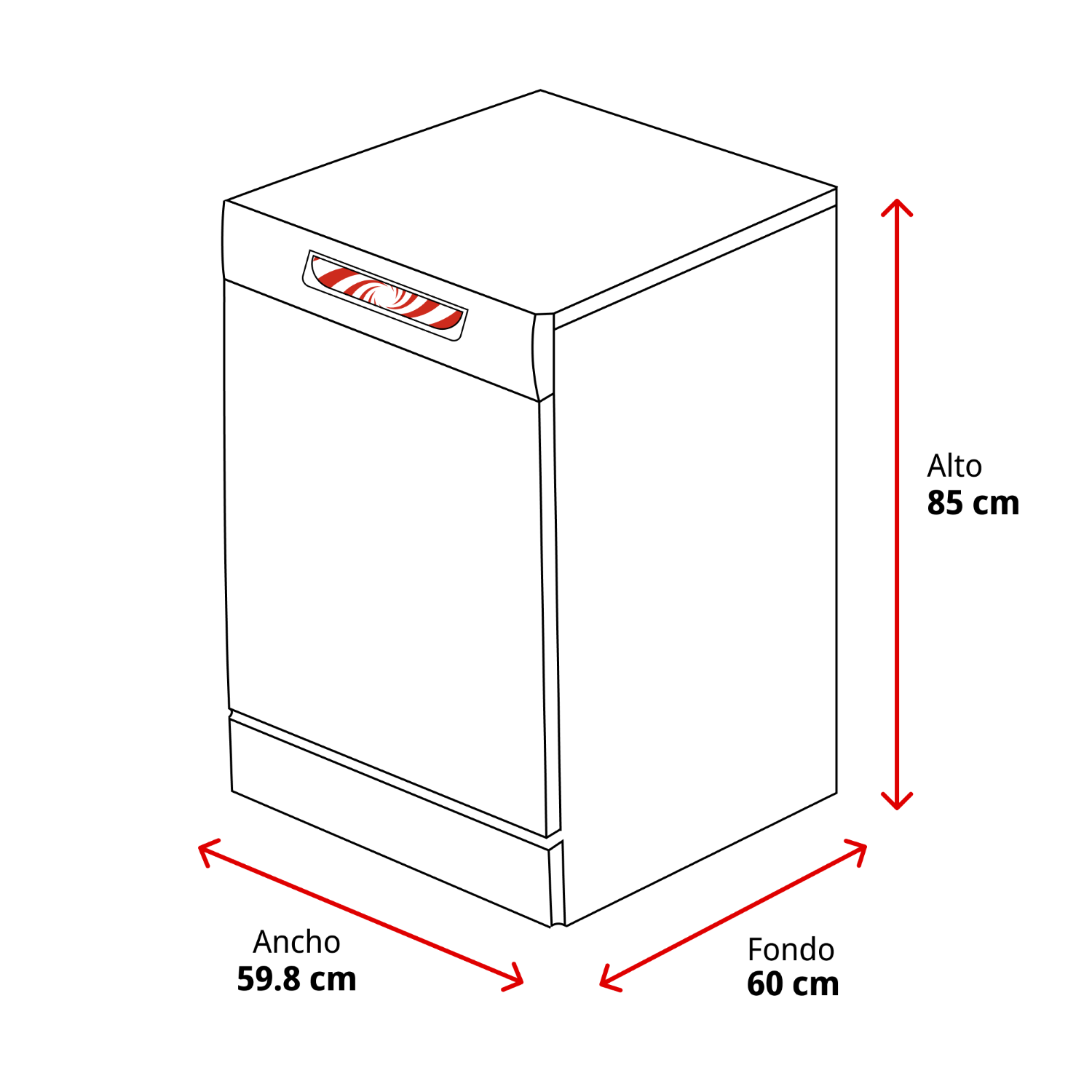 Un dibujo lineal de un lavavajillas con dimensiones: alto 85 cm, ancho 59,8 cm, fondo 60 cm.