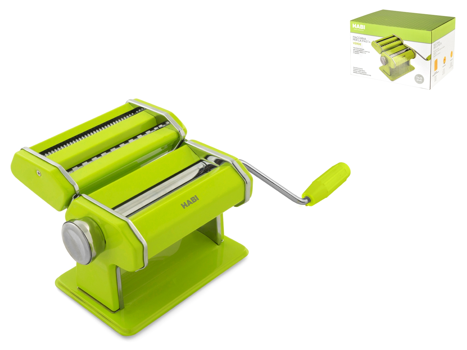 Una macchina per pasta HABI verde con manico e rulli argentati.