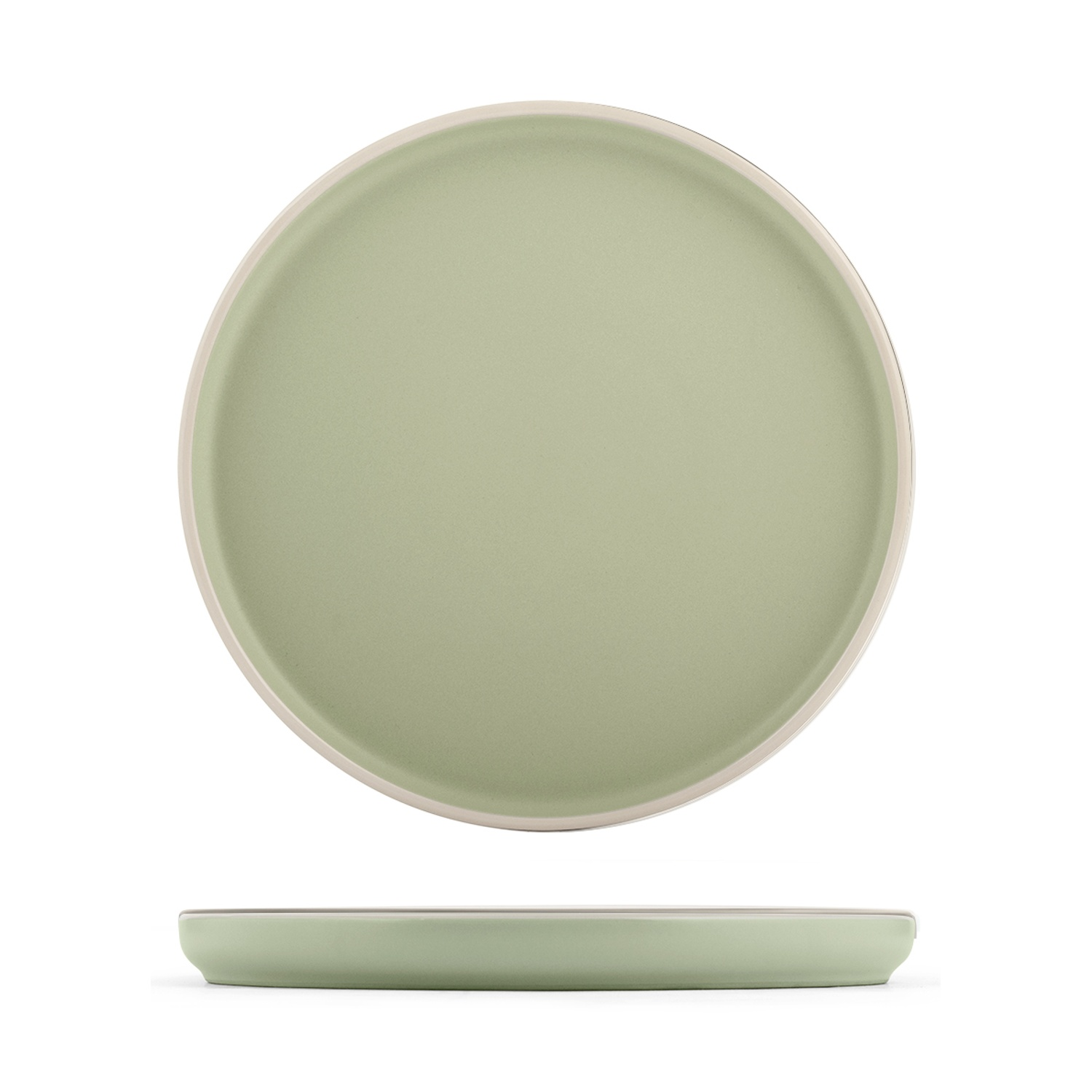 Un piatto piano in ceramica verde chiaro con bordo color crema.