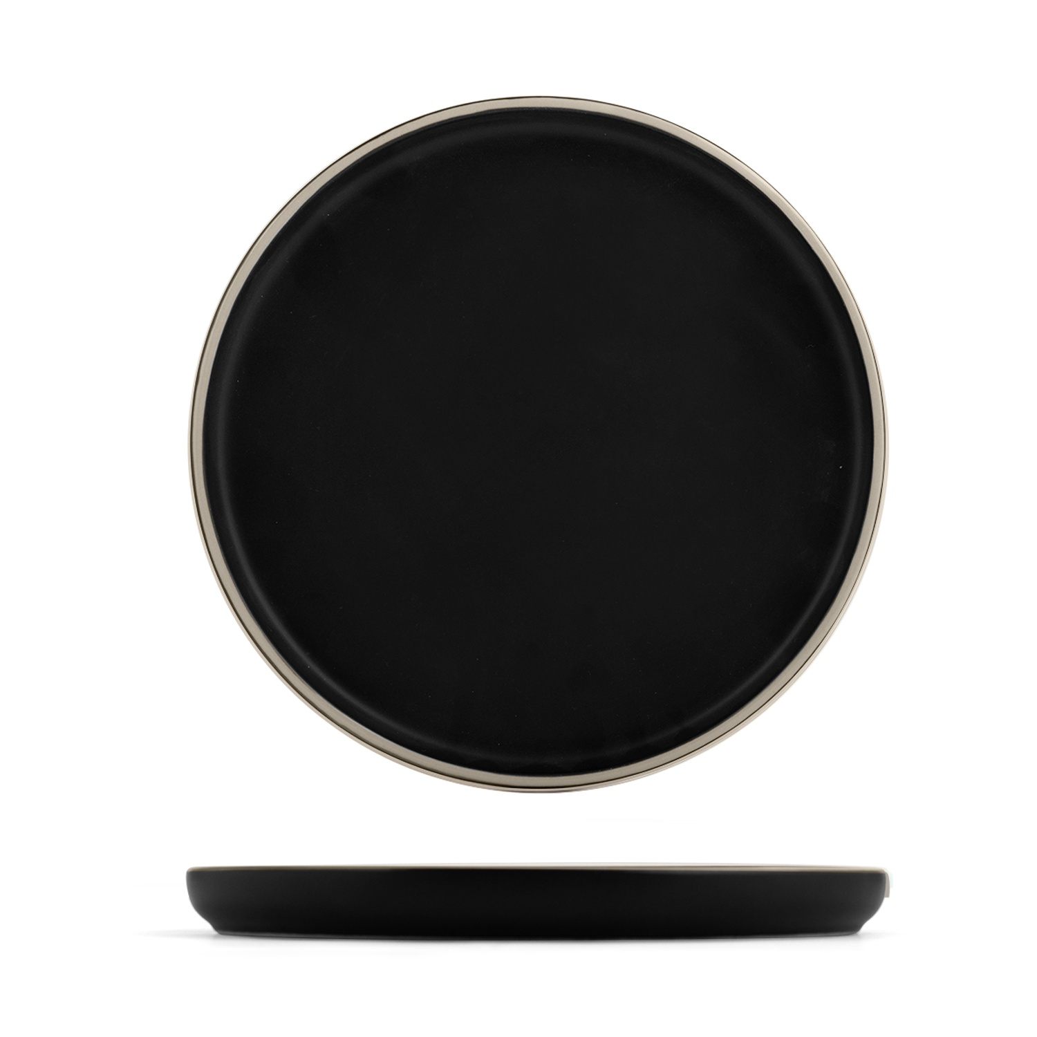 Un piatto in ceramica nero opaco con bordo grigio chiaro, mostrato frontalmente e di lato.