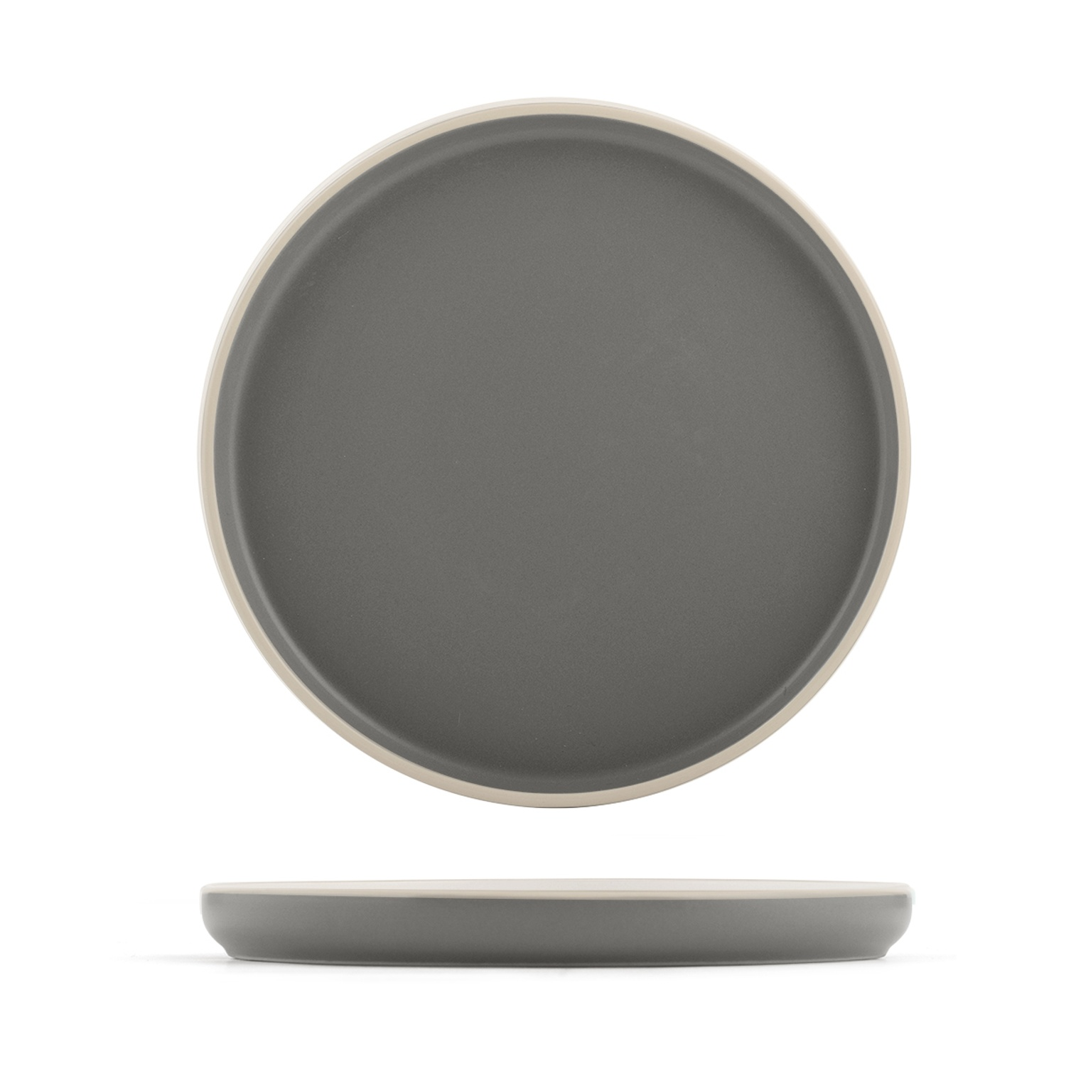 Piatto grigio con bordo beige, mostrato frontalmente e di lato.