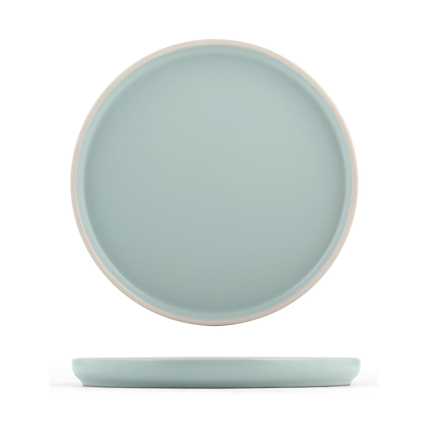 Un piatto in ceramica azzurro con bordo color crema, visto frontalmente e di lato.