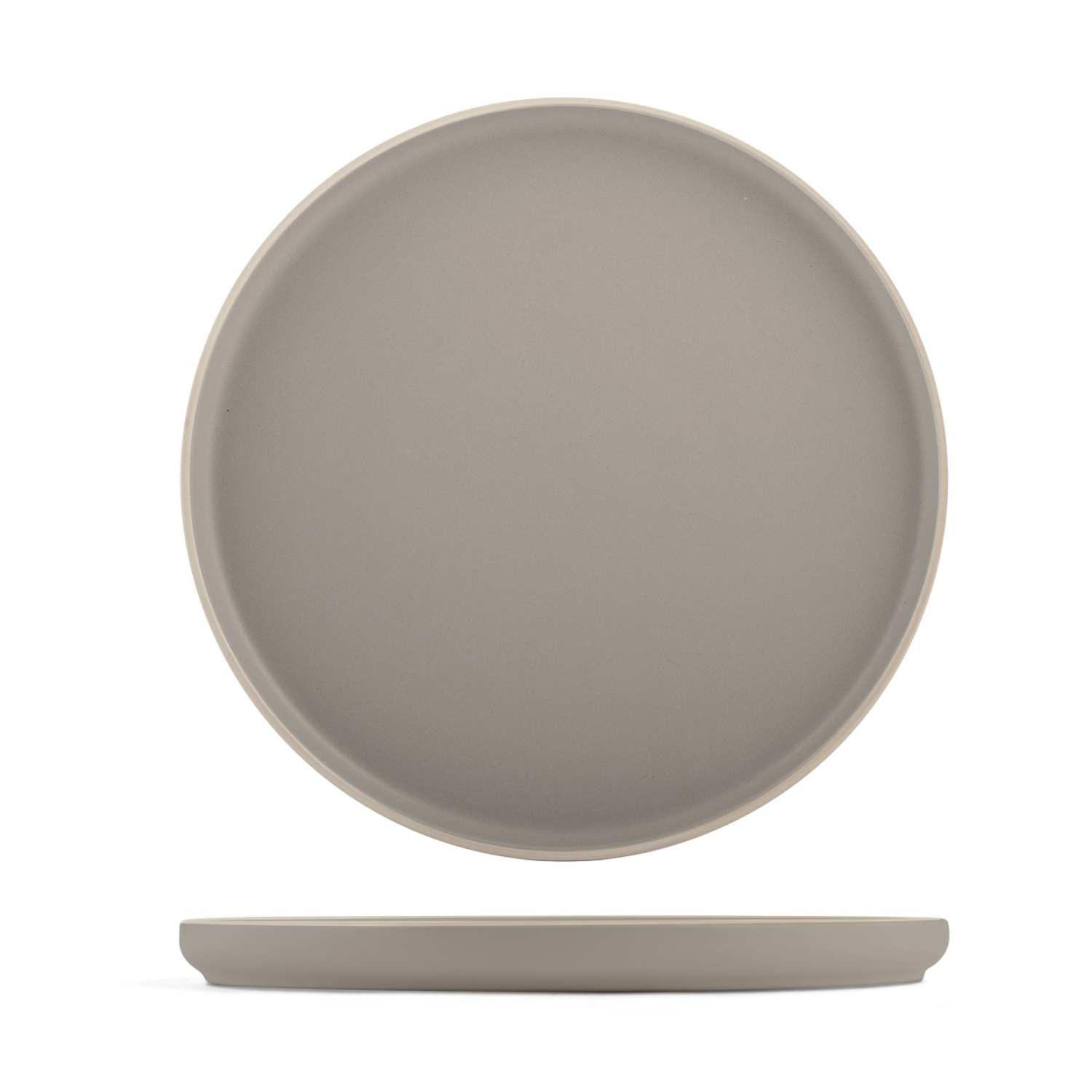 Piatto grigio con bordo chiaro, mostrato frontalmente e di lato.