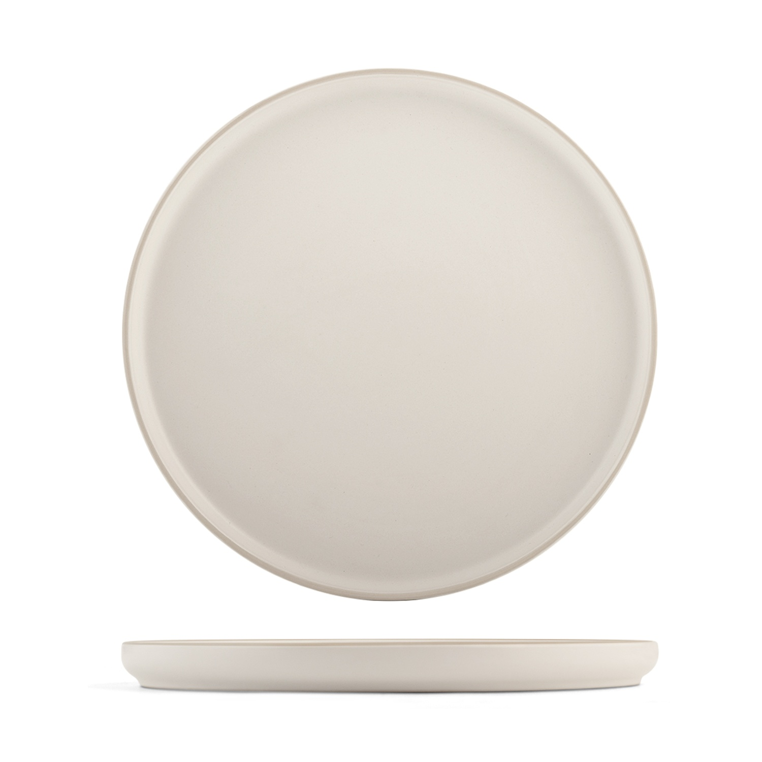 Un piatto color crema mostrato frontalmente e lateralmente su sfondo bianco.