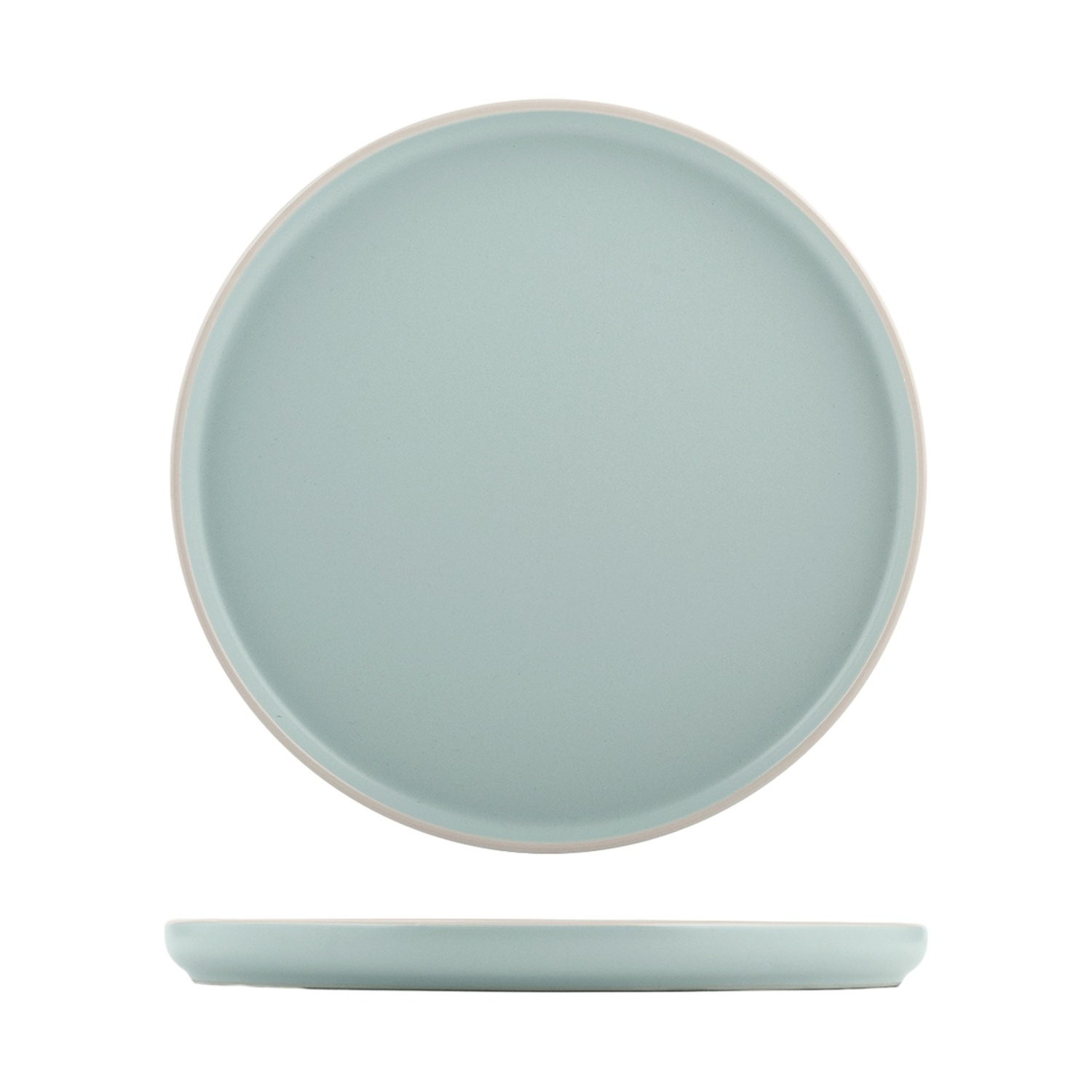 Un piatto in ceramica azzurro, mostrato di fronte e di lato.