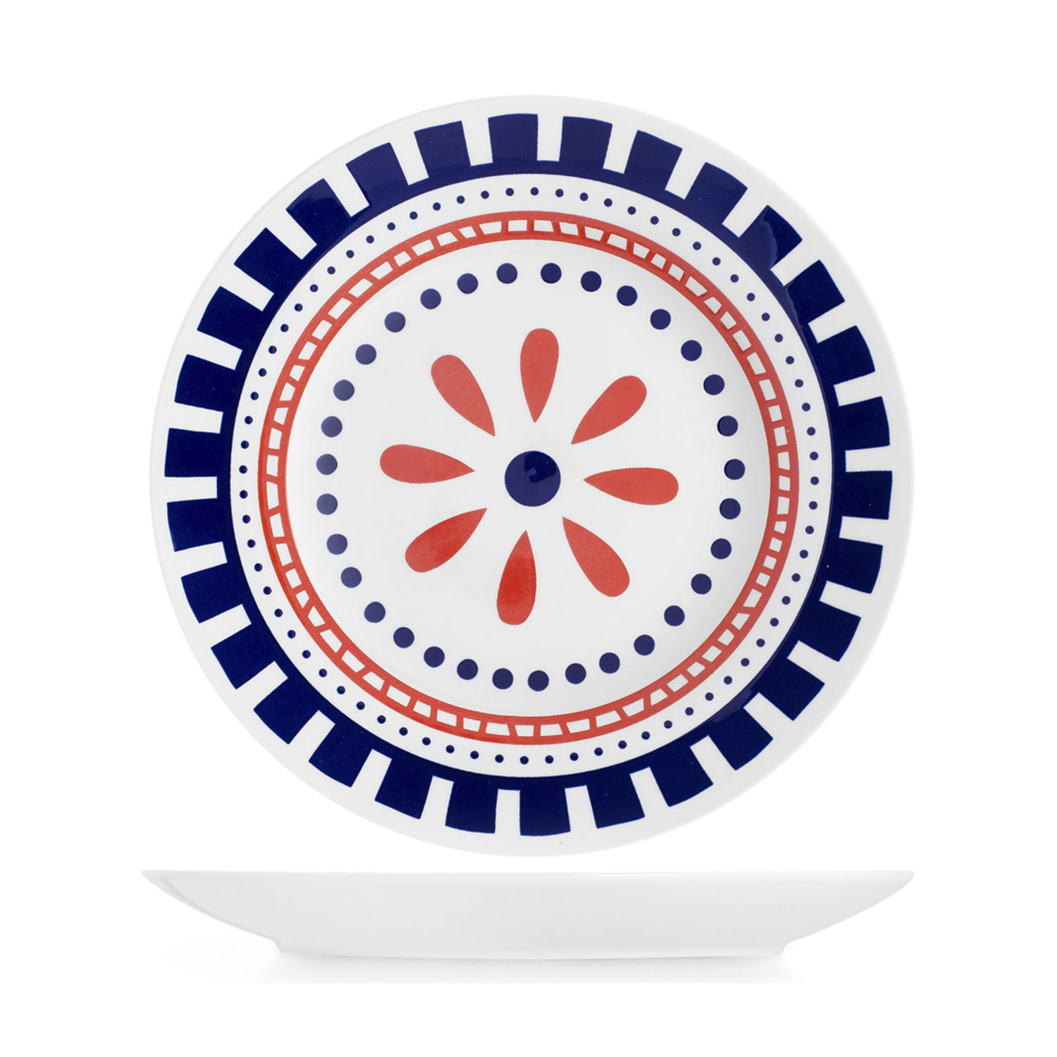 Un piatto bianco con motivi geometrici blu e rossi e un disegno floreale centrale.