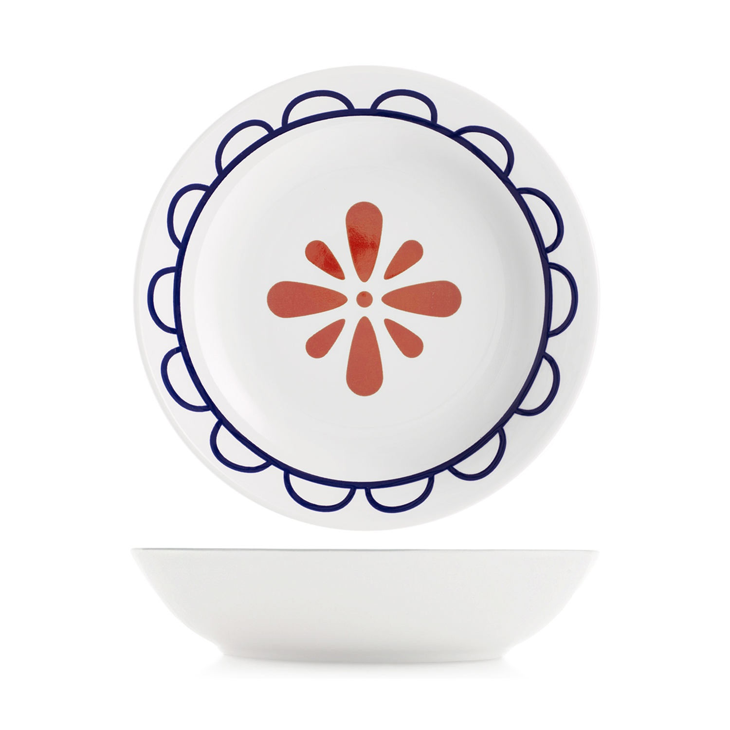 Piatto bianco con fiore rosso e bordo blu, sopra una ciotola bianca.