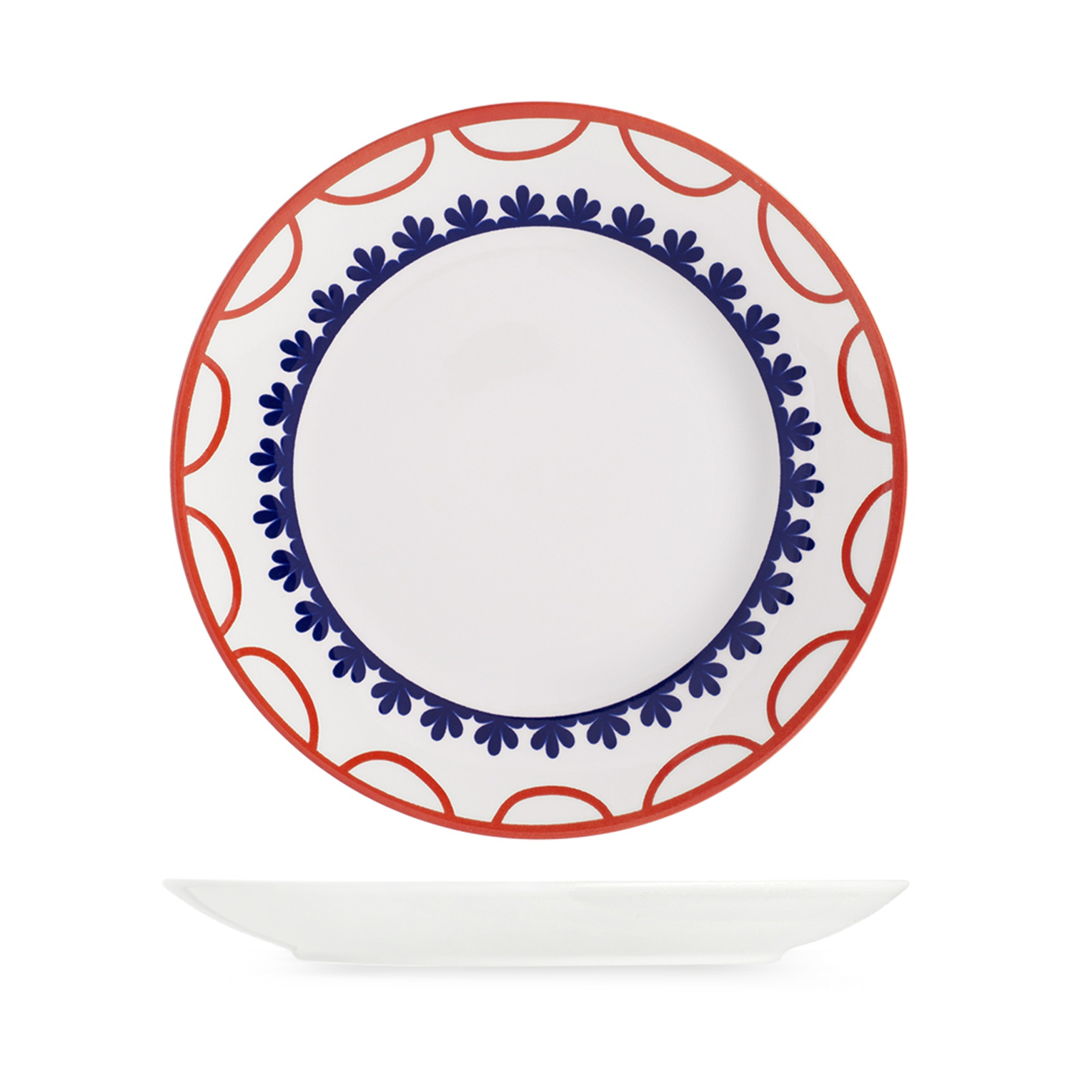 Piatto bianco con bordo rosso e motivo floreale blu.