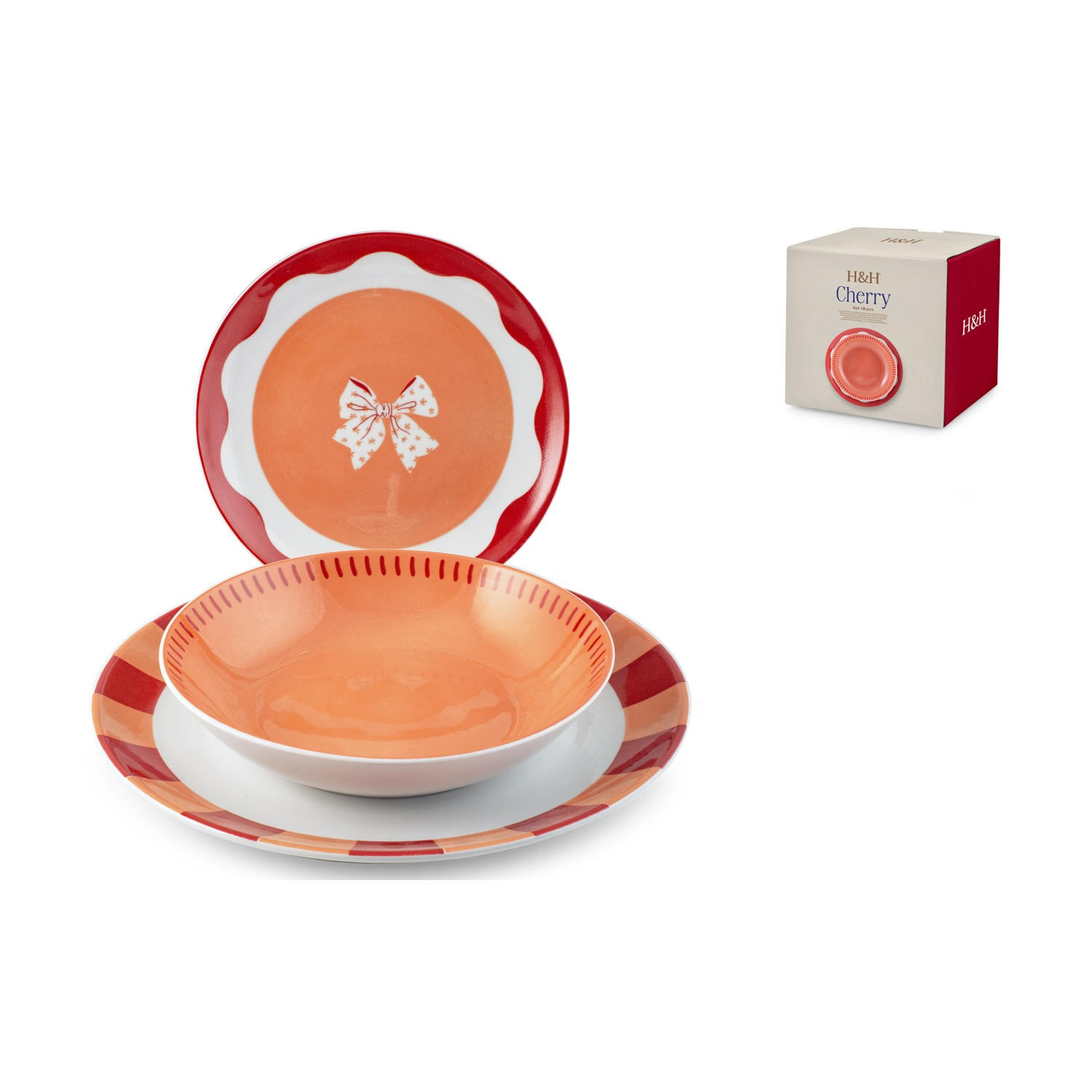 Un piatto arancione con bordo rosso, una ciotola e un sottotazza. Scatola sullo sfondo.