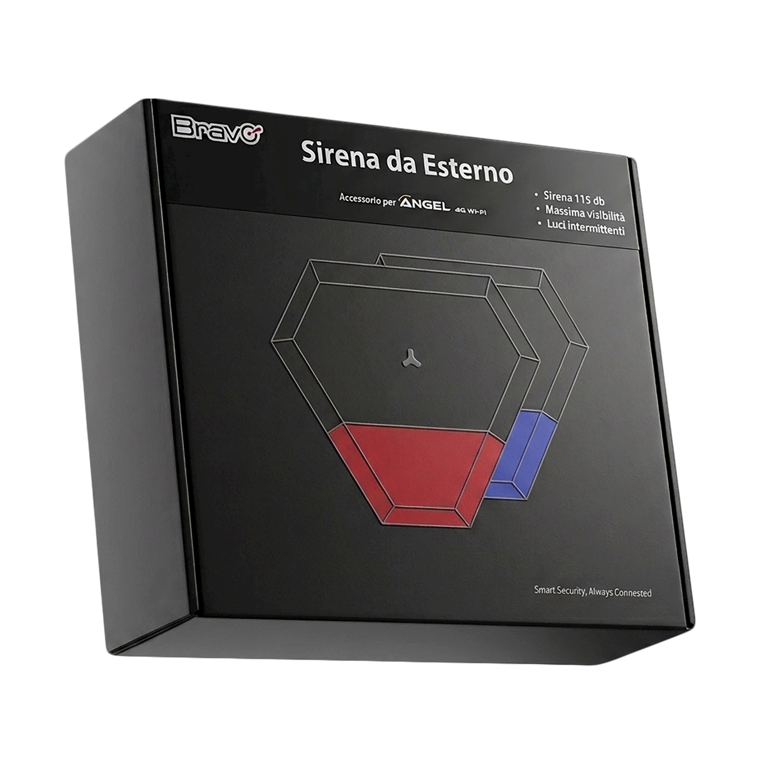 Scatola nera per sirena Bravo con grafica rossa e blu. Dettagli sul fronte.