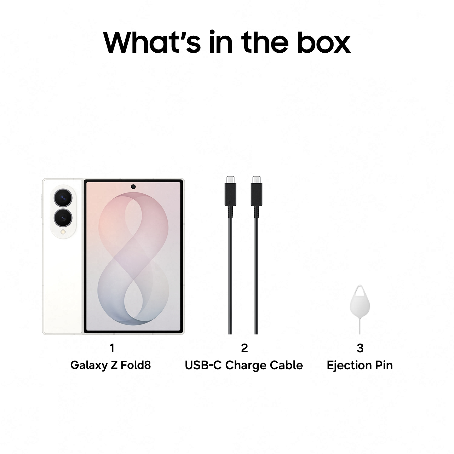 Packungsinhalt: Weißes Galaxy Z Fold8, 2 USB-C-Kabel, Ejektionsstift.