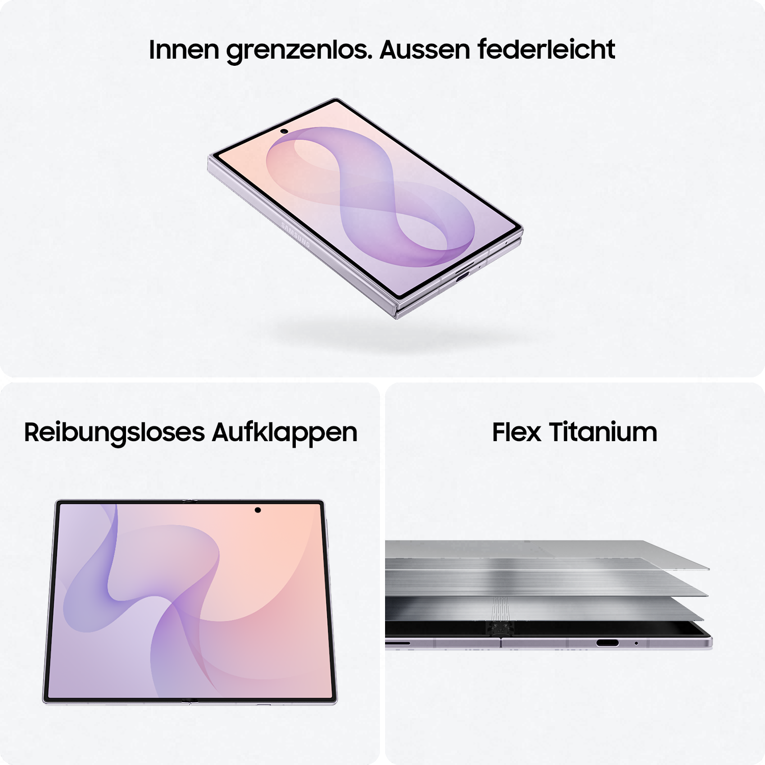 Ein lila faltbares Smartphone wird gezeigt, innen und außen.
